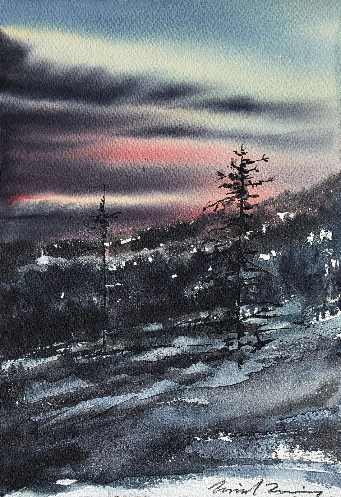 Akvarell Kalhygge i skymning av Daniel Zausnig