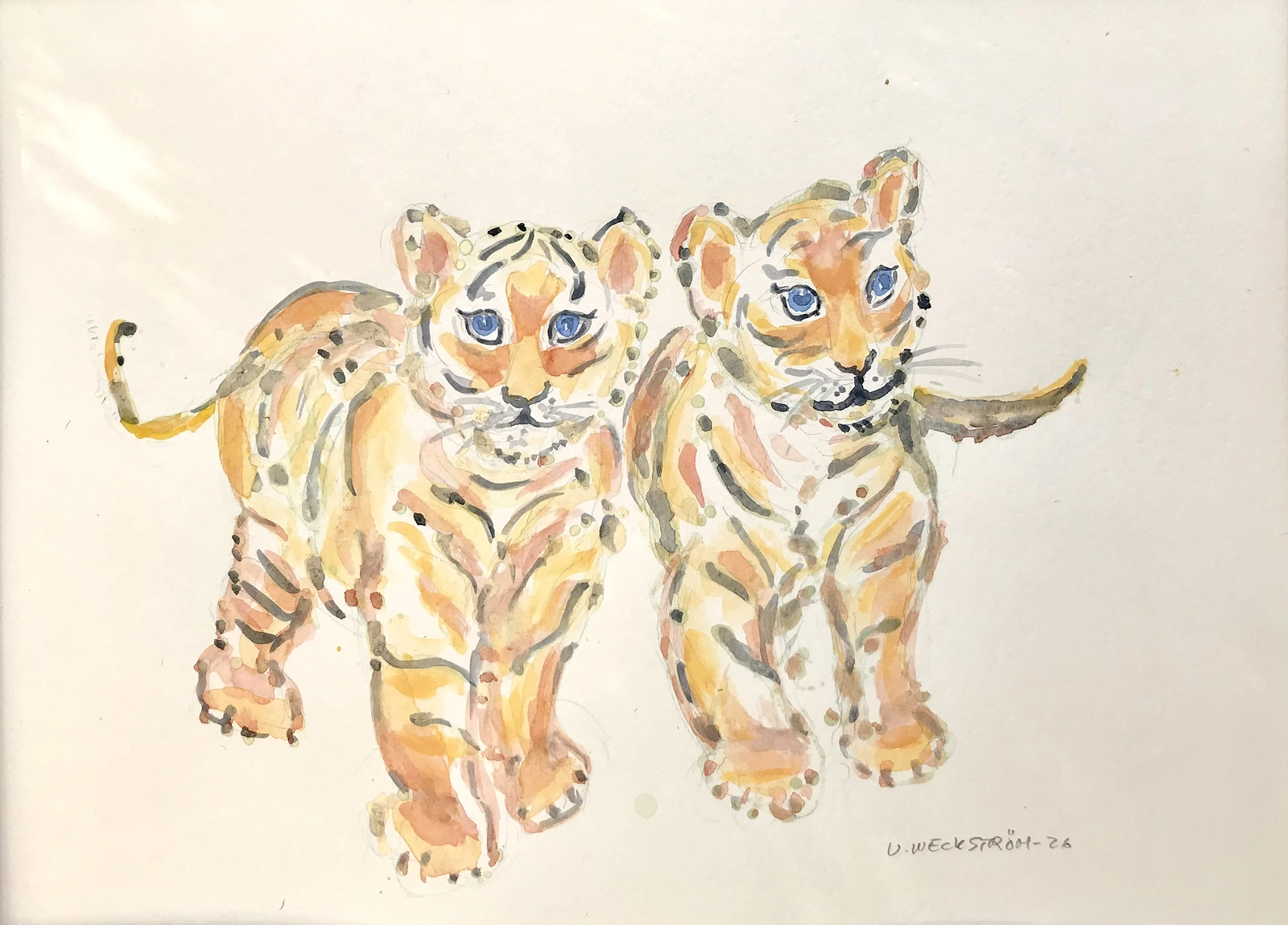 Akvarell Två tigerungar. av Ulla Weckström