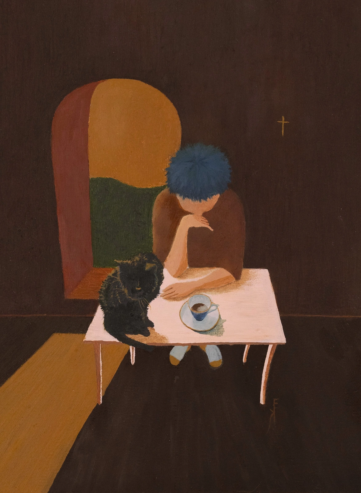 Oljemålning Boy with Blue Hair and Coffee av Elin Karhunen