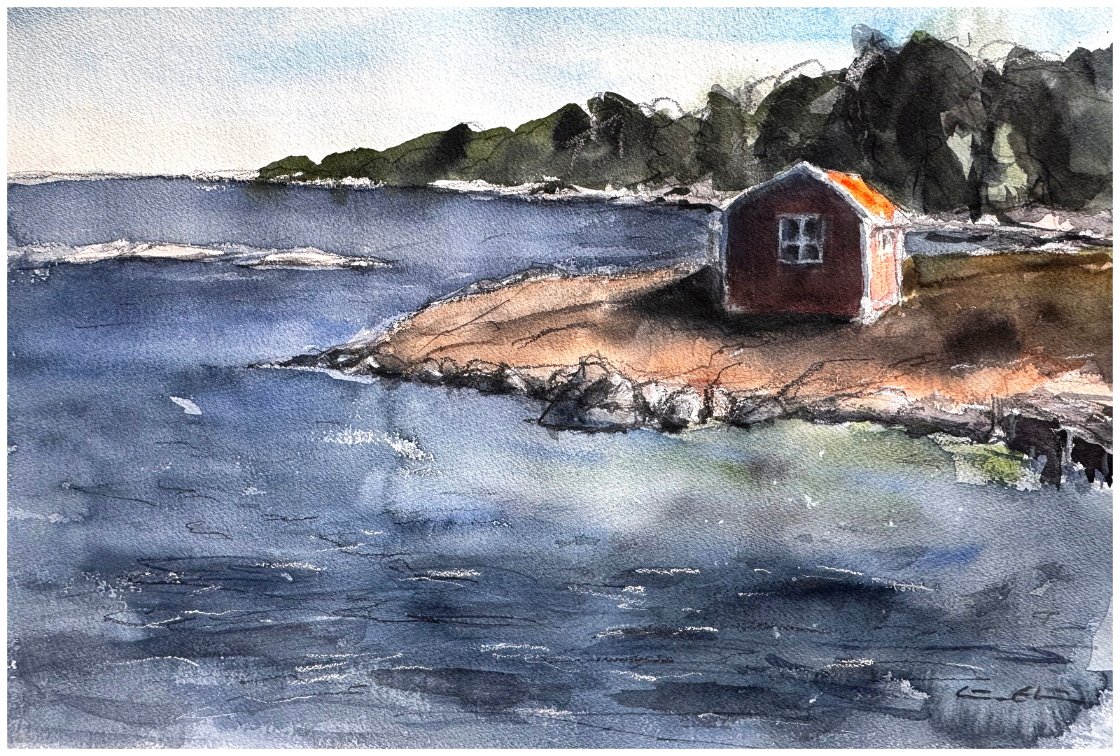 Akvarell Sjöboden Möja av Göran Ekström