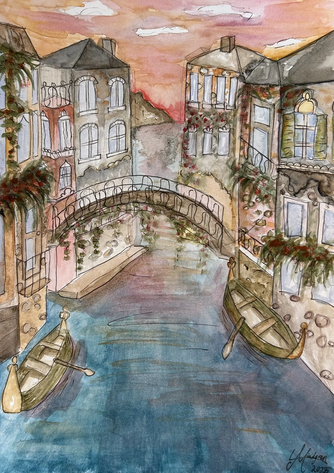 Akvarell Skymning över Venedig av Maja Lindgren