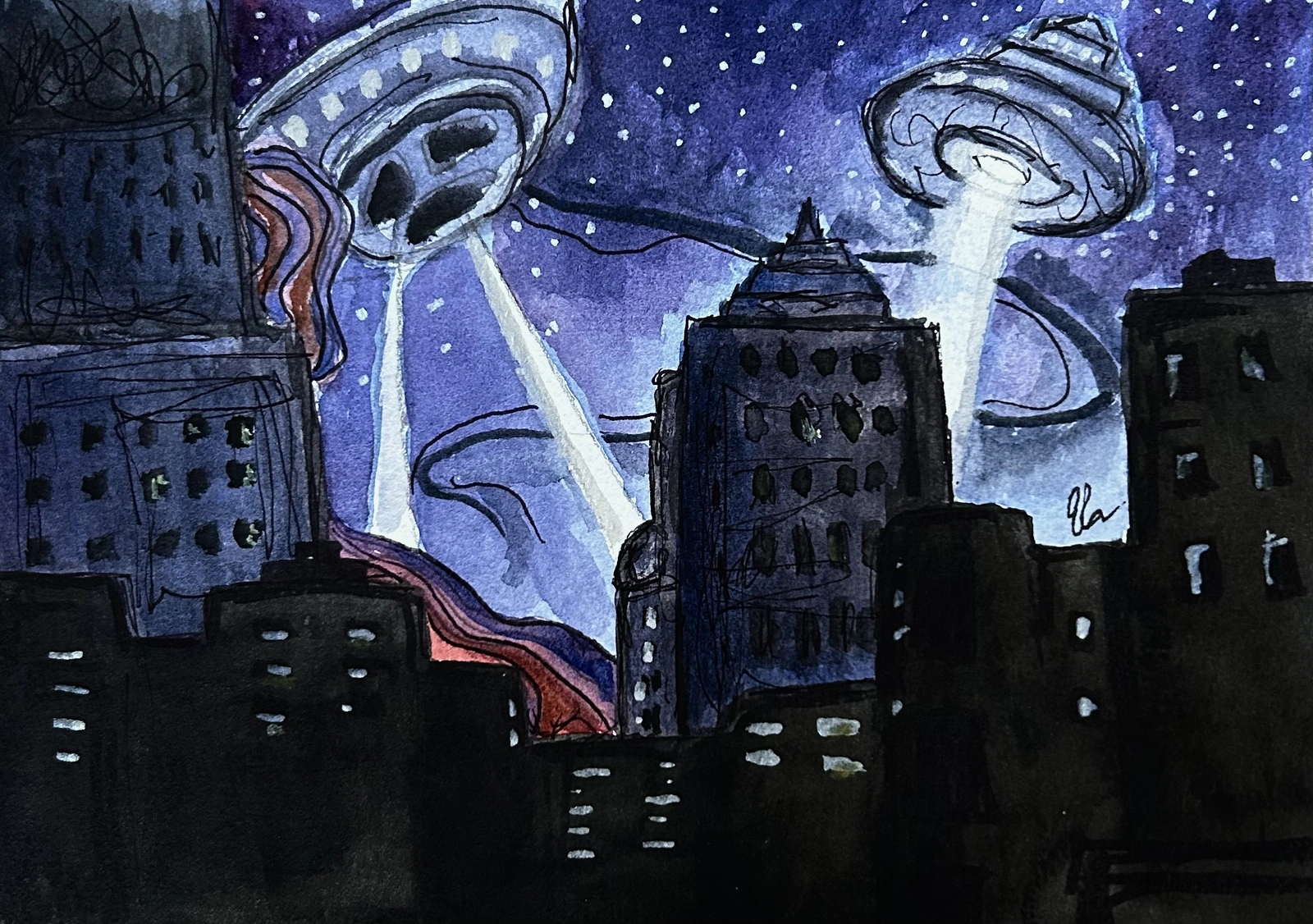 Akvarell Spaceship night town av Elvira Dingsten