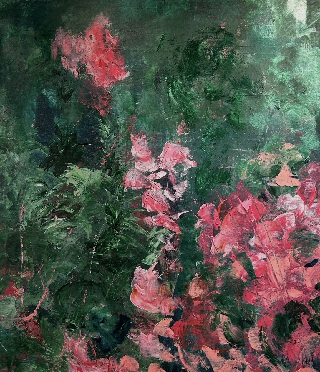 Akrylmålning Life in Bloom - abstrakt målning i grönt, cerise och rosa med livfull energi, 2023 av Helena Kästel
