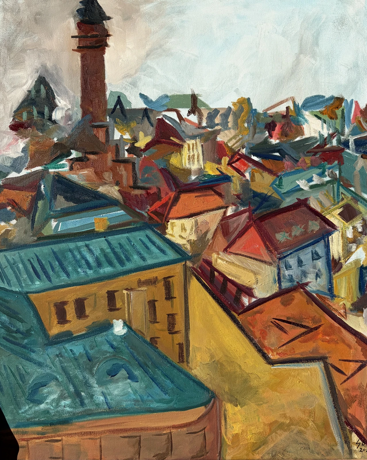 Oljemålning Stadsbild av Stella Olsson