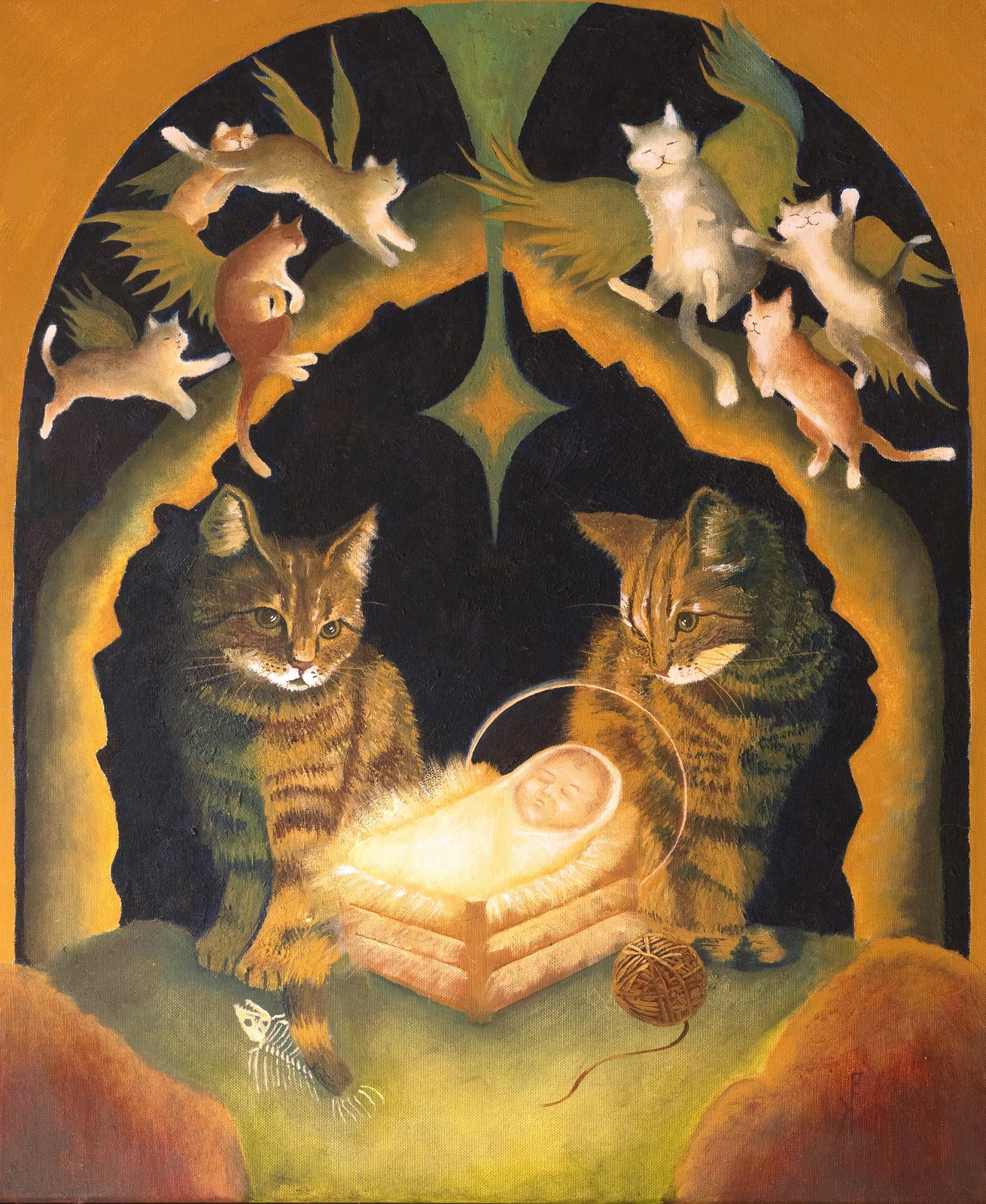 Oljemålning Nativity Scene with Cats av Elin Karhunen
