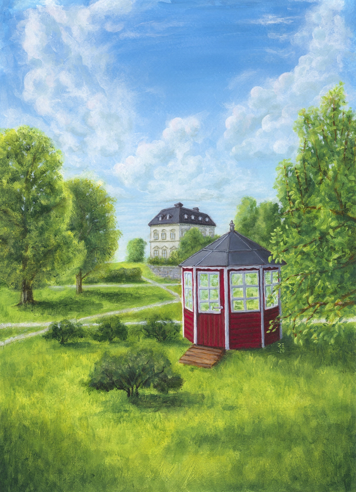 Akrylmålning Från lusthus till slott (tillfällig titel) av Roger Eriksson