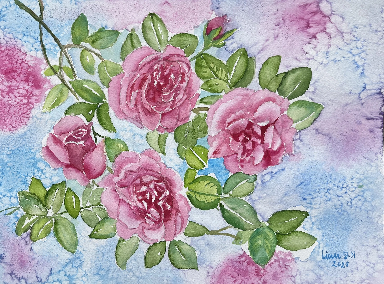 Akvarell Roses in my garden av Linn Ngo