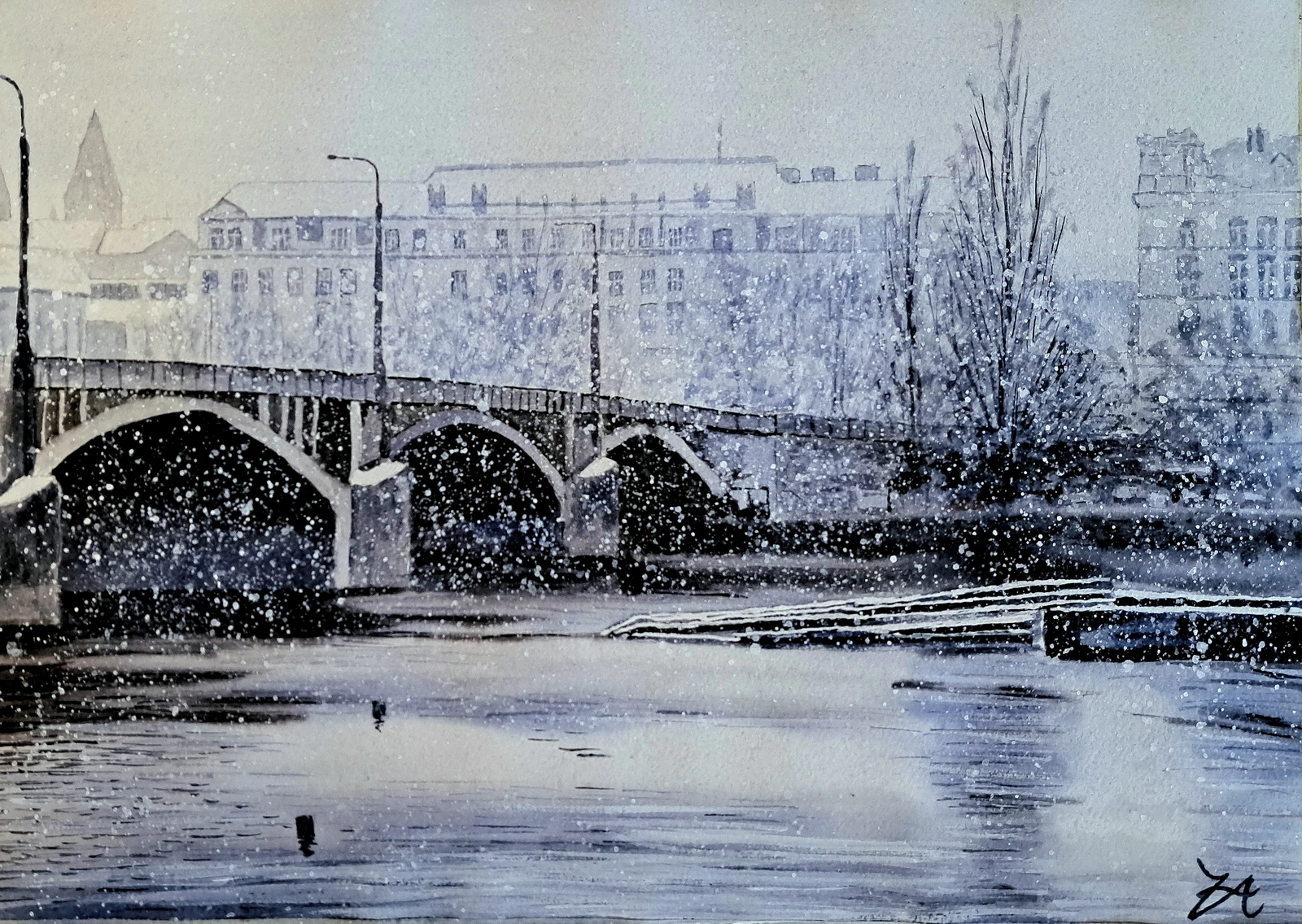 Akvarell Vinter över floden av Victor Andersson