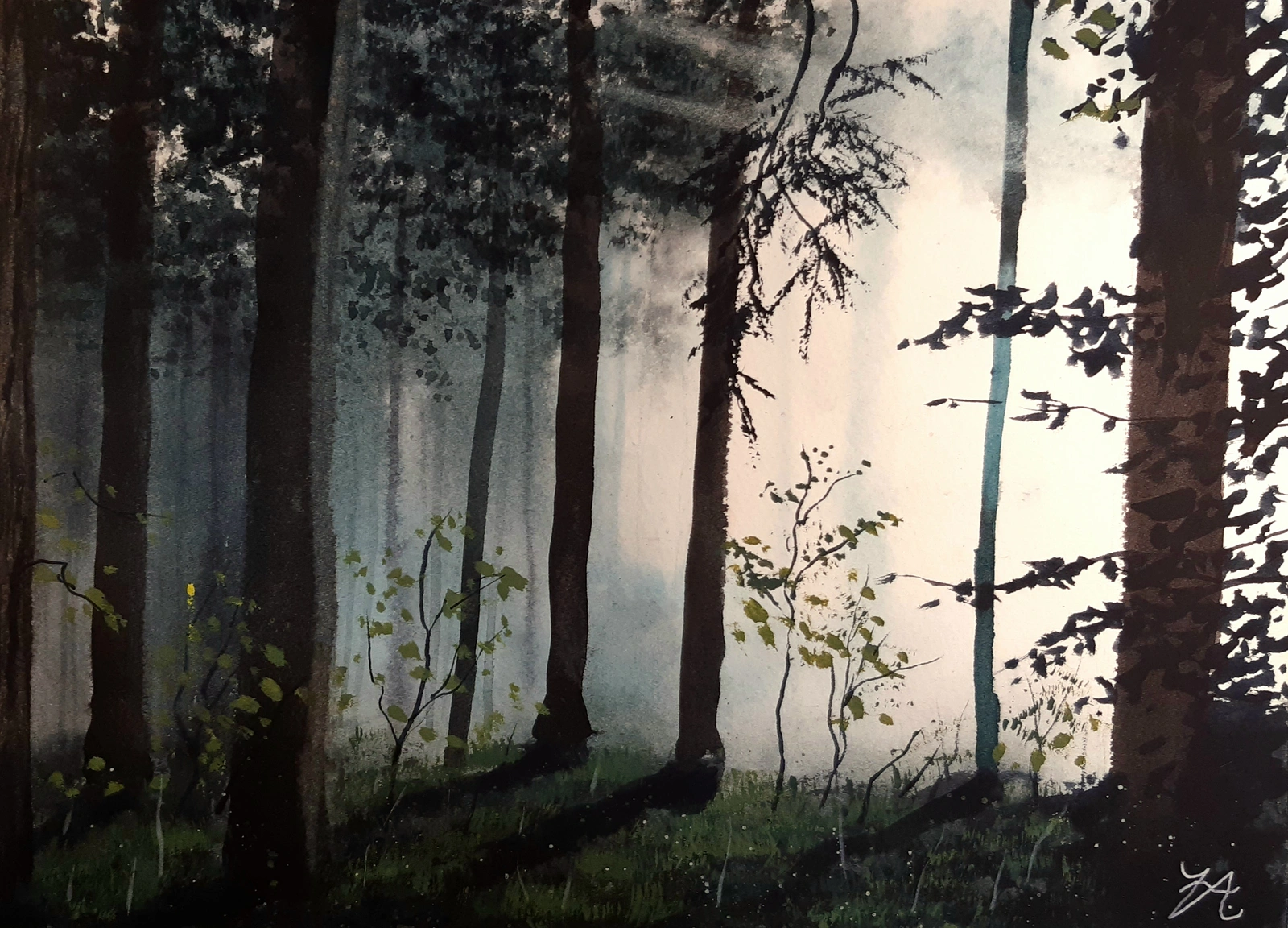 Akvarell Dimma över skogen av Victor Andersson