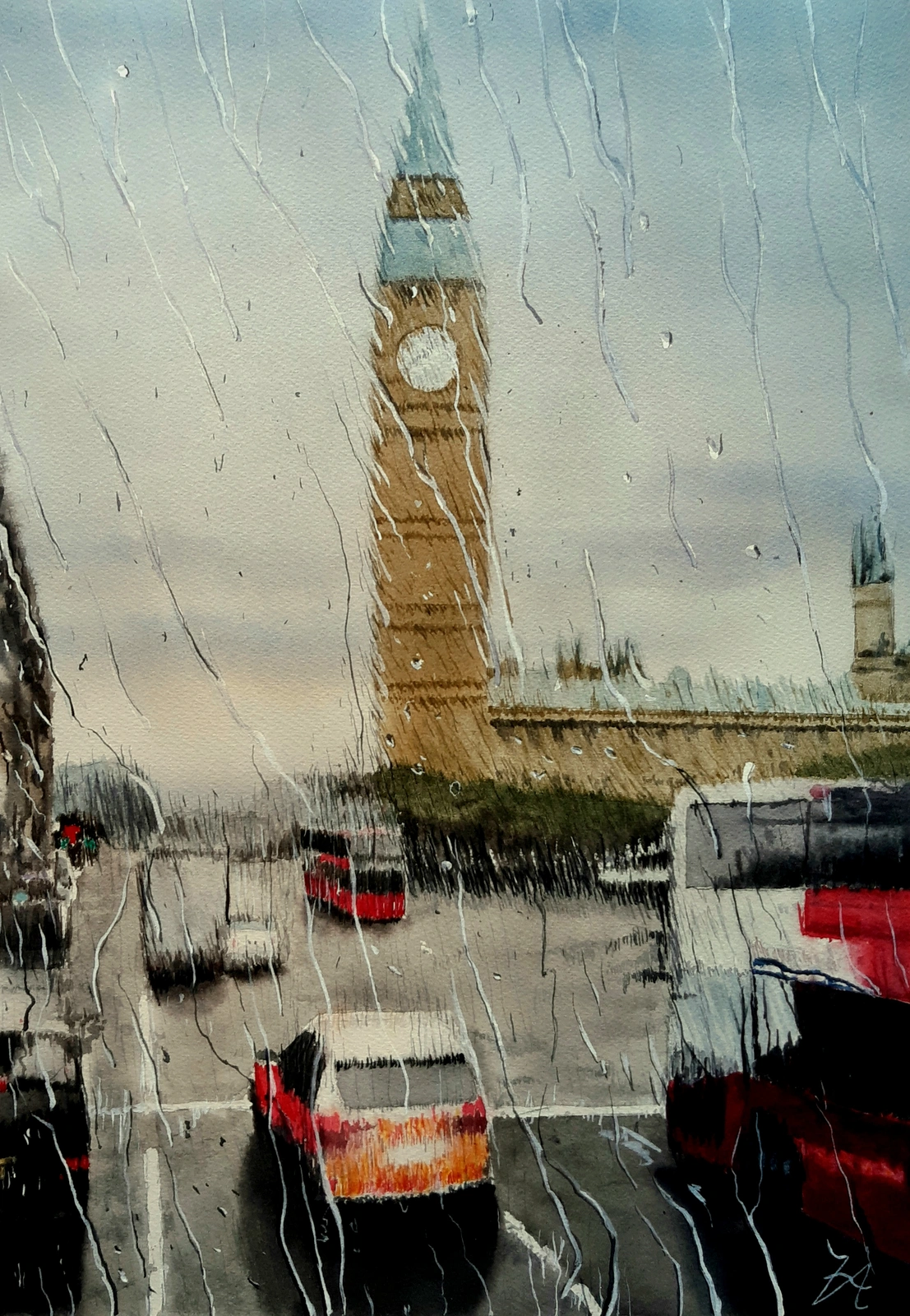 Akvarell Regn över London av Victor Andersson