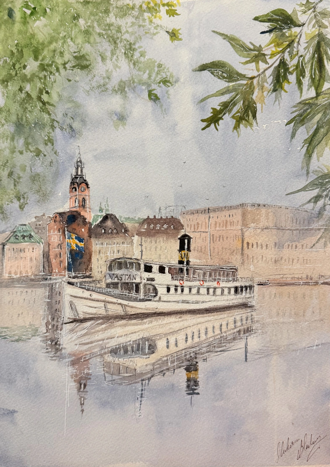 Akvarell Skärgårdsbåtens dag av Katarina Blomberg
