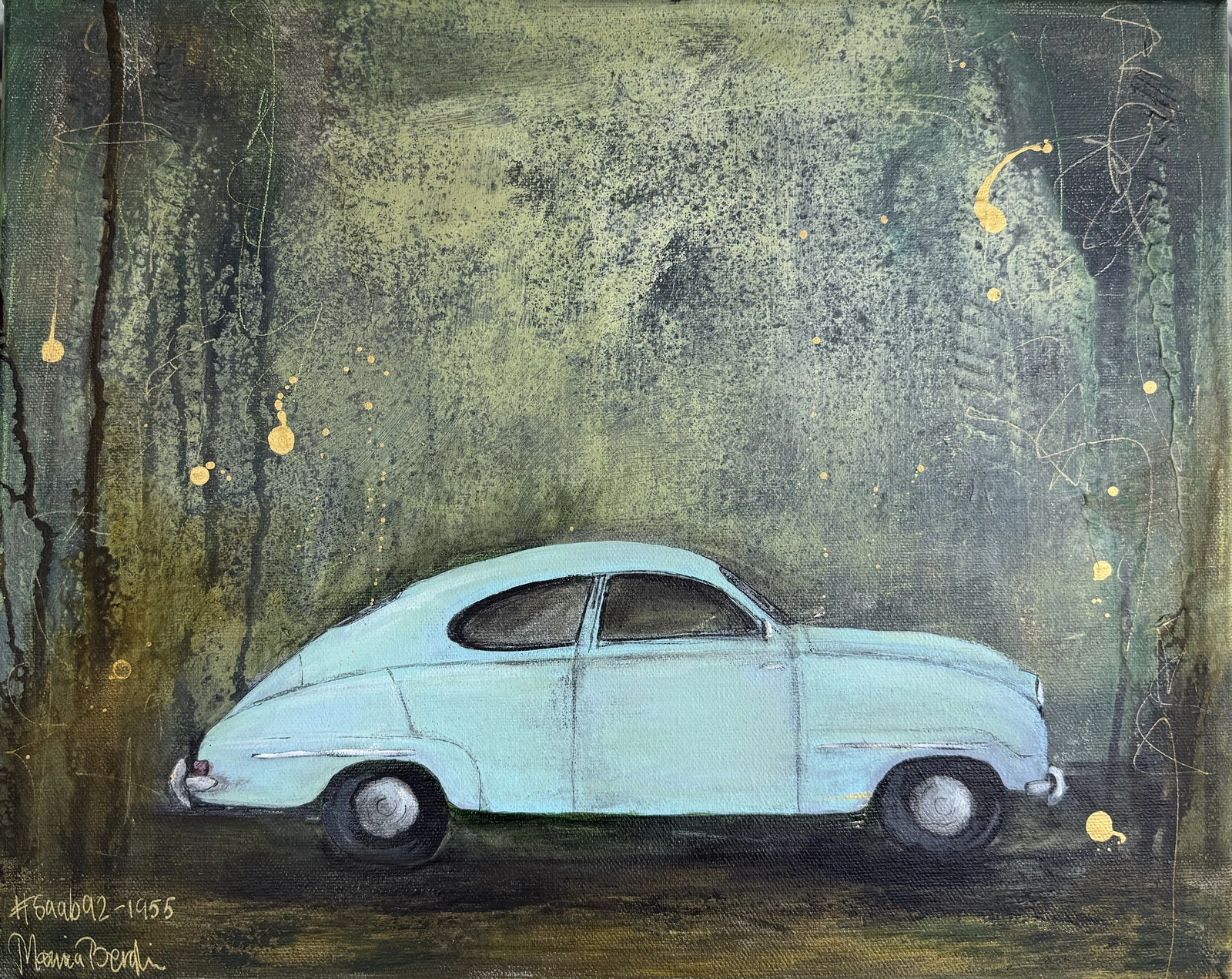 Akrylmålning Saab 92 - Veteranbil av Monica Berglin