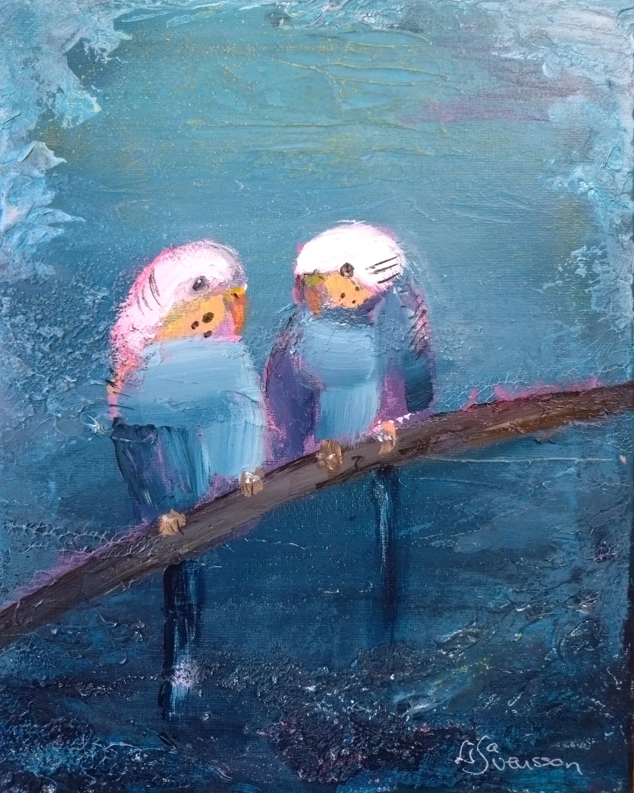 Akrylmålning Budgies av Lisa Svensson