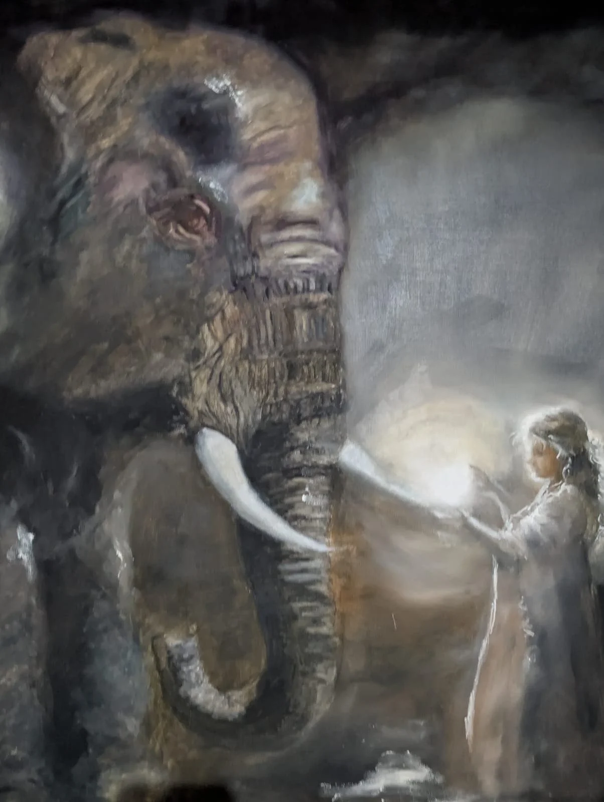 Oljemålning Elrphant and Girl of Light av Lola Amethyst