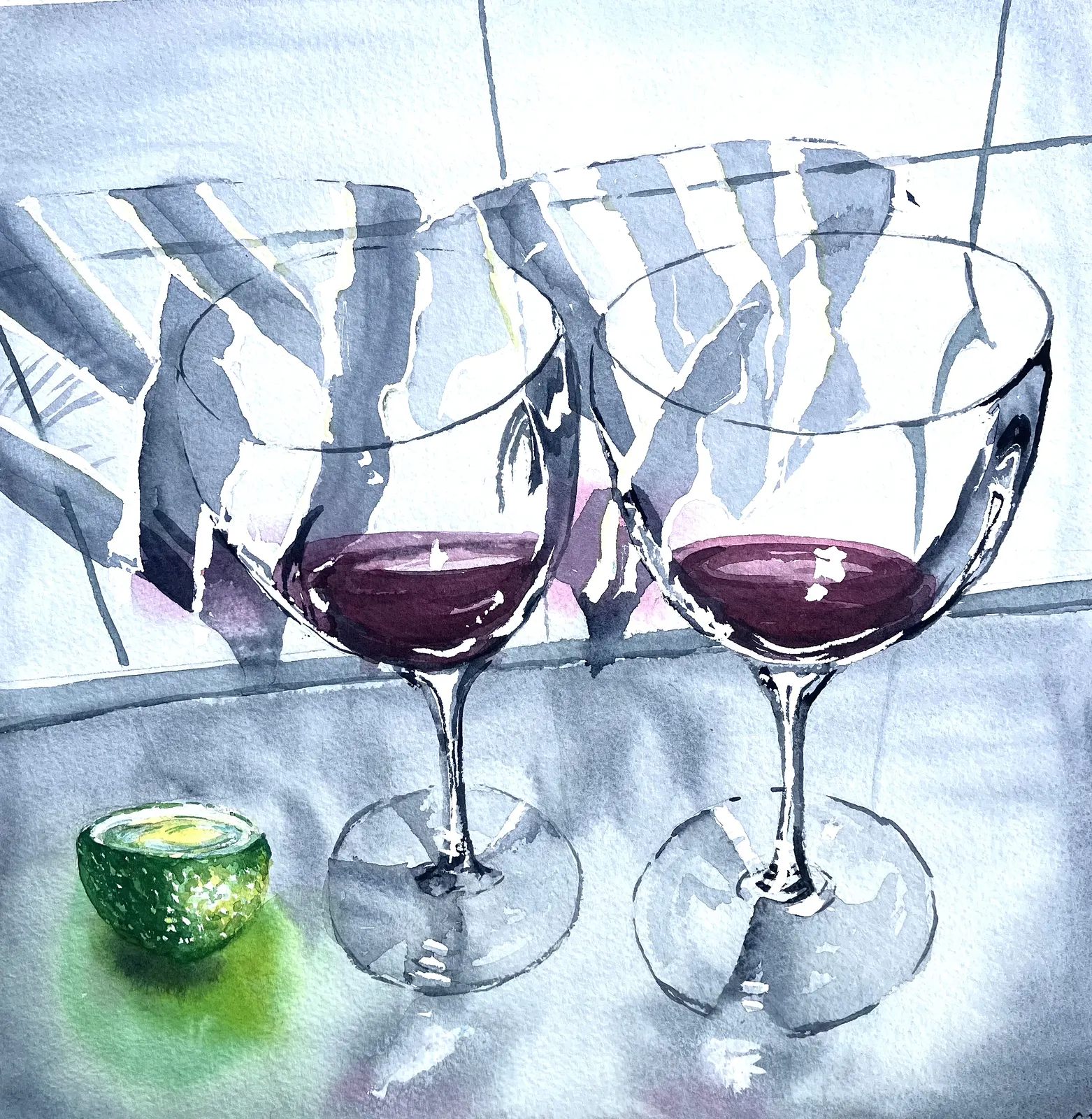 Akvarell Glasses in the lime light av Cecilia Jeppsson