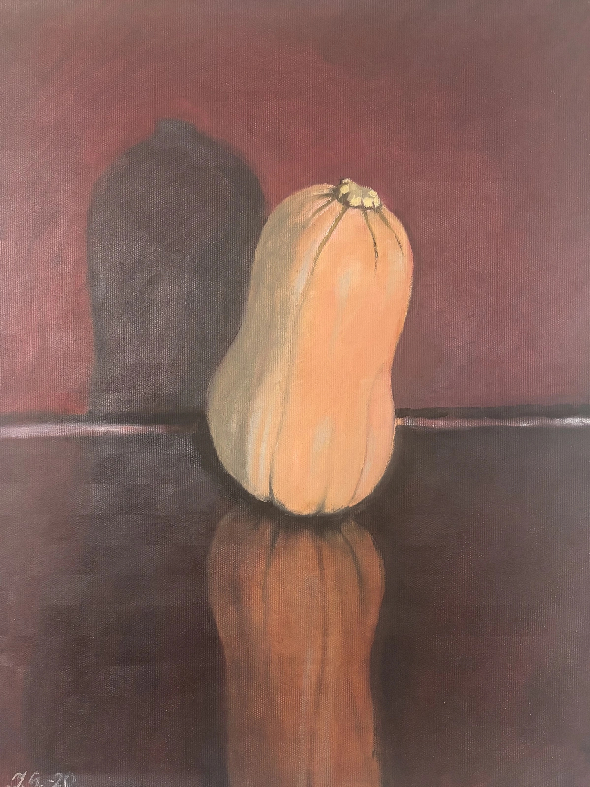 Oljemålning Butternutpumpa med mörkröd bakgrund av Ingrid Stenbeck