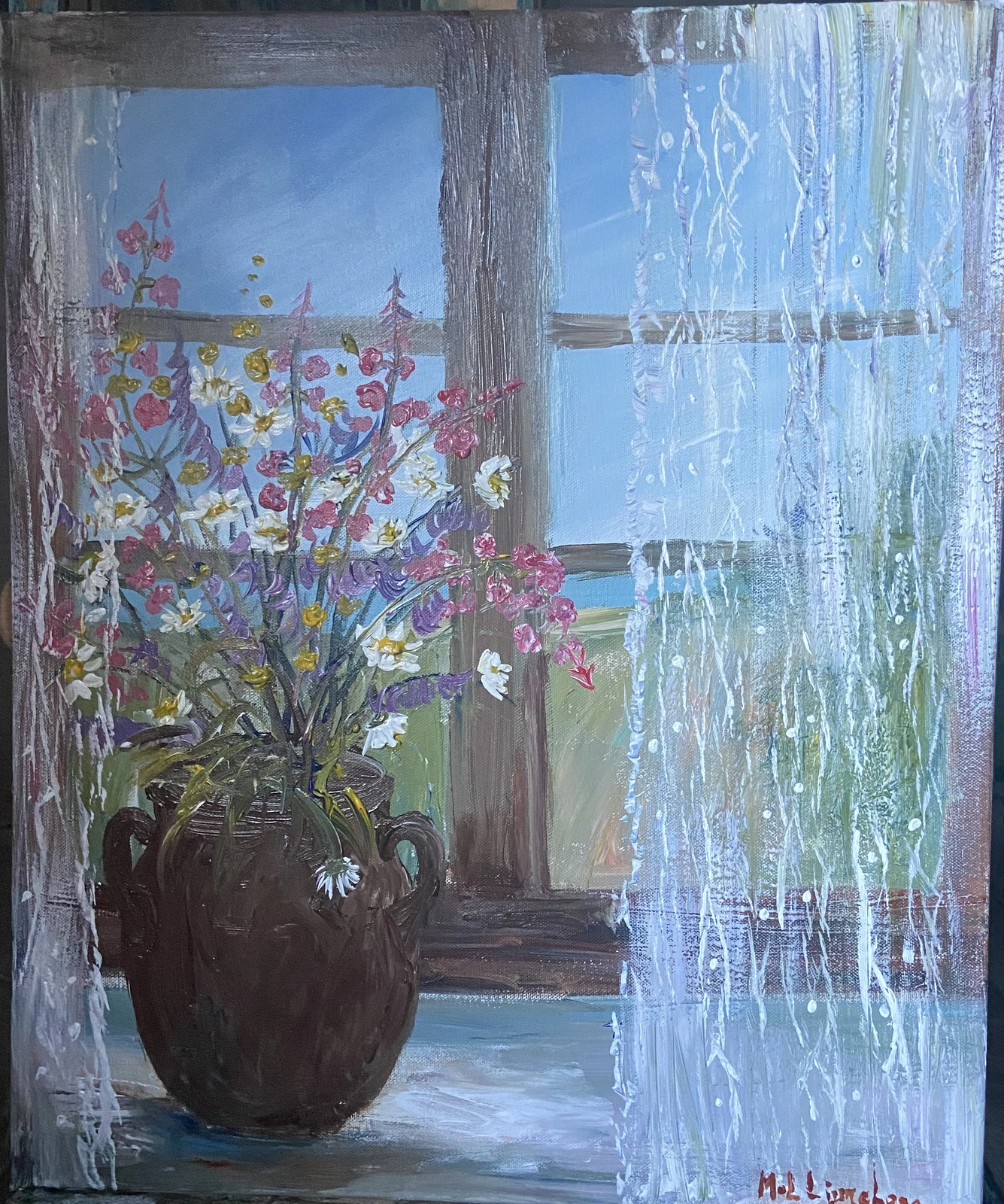 Akrylmålning Ängsblommor i fönstret av Marie-Louise Ljungberg