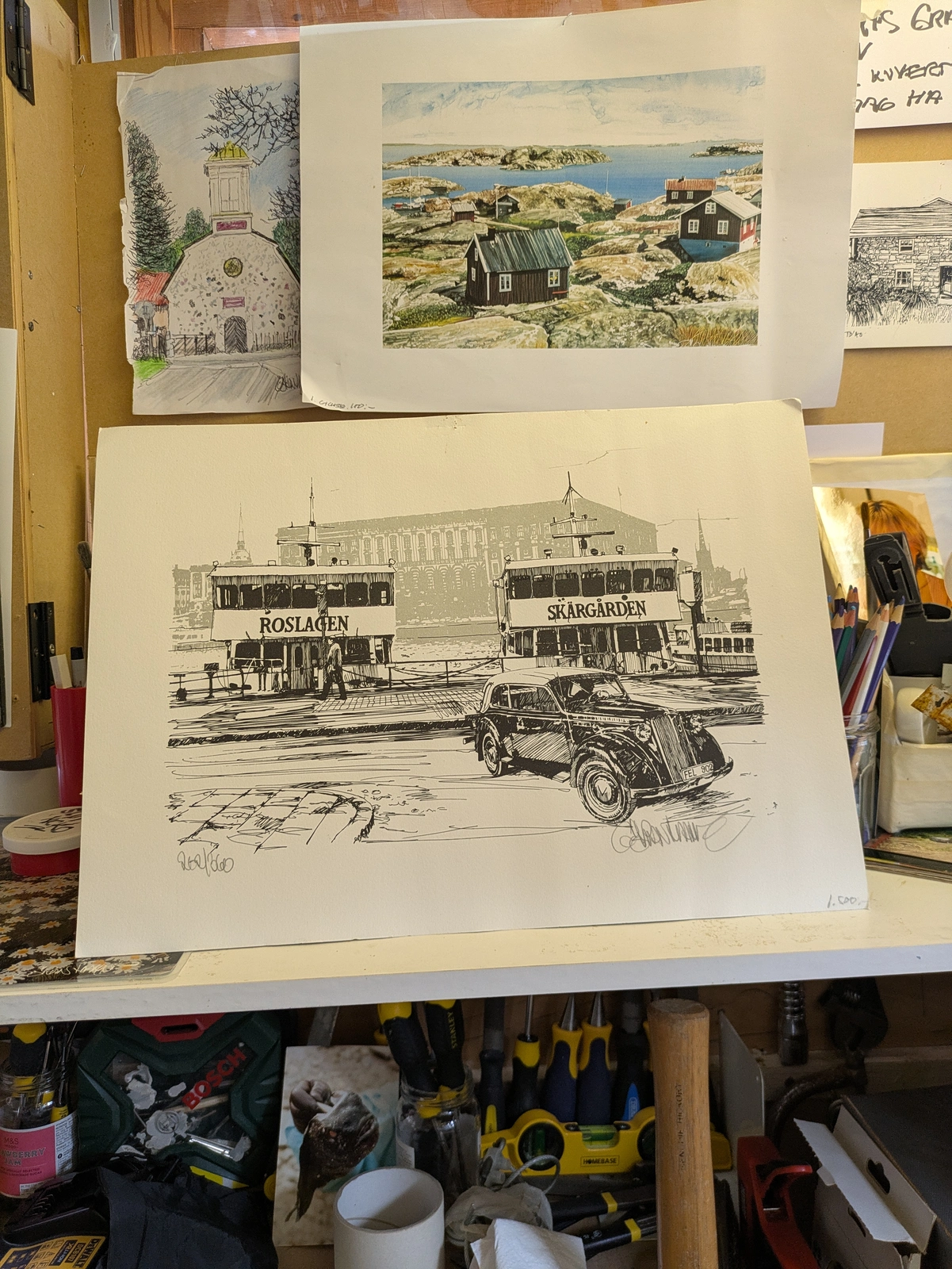 Ångbåts romantik i original lithografi av Göran Mats Erik Hahne
