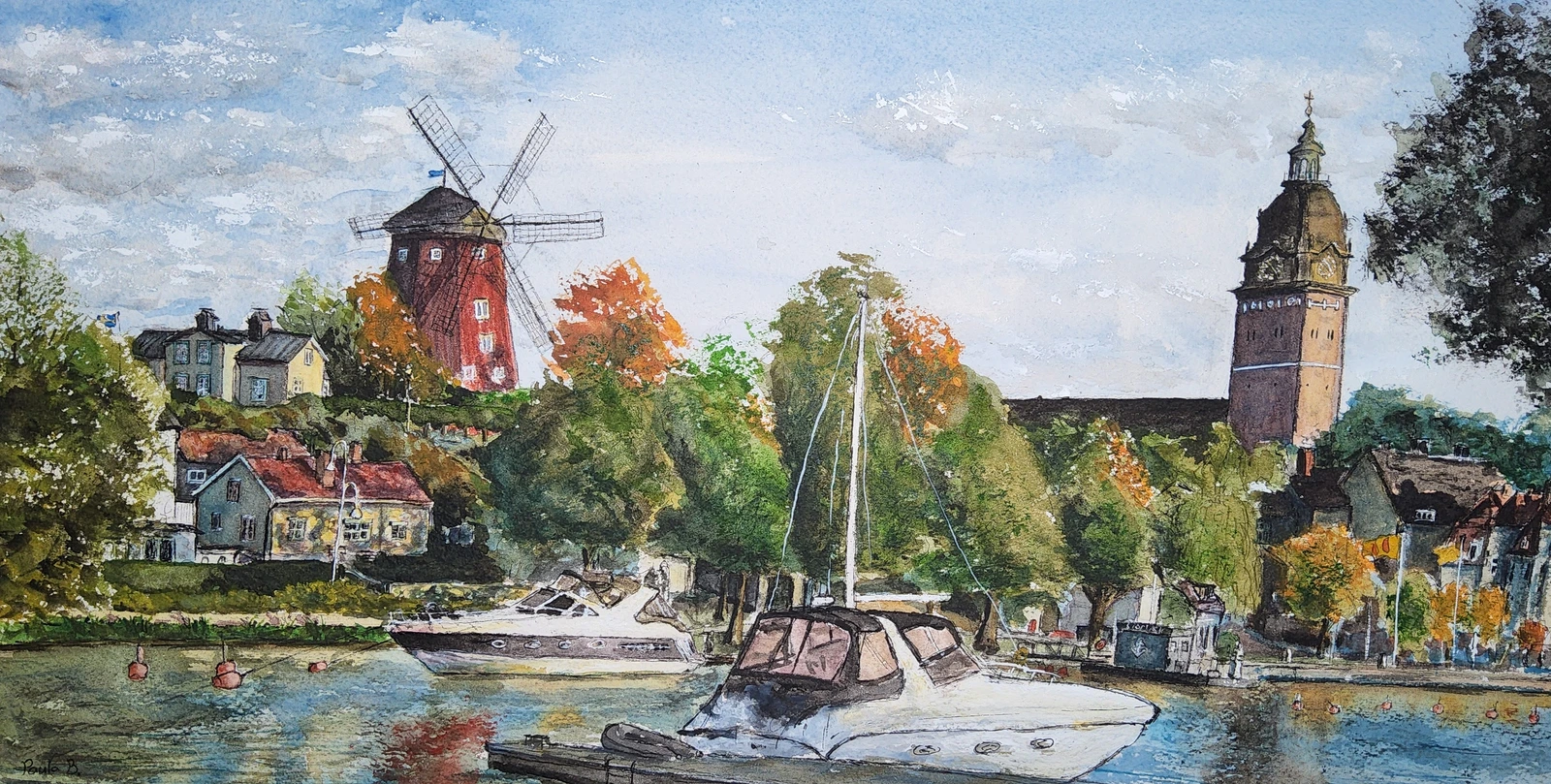 Akvarell Vy över Strängnäs av Paula Bakker