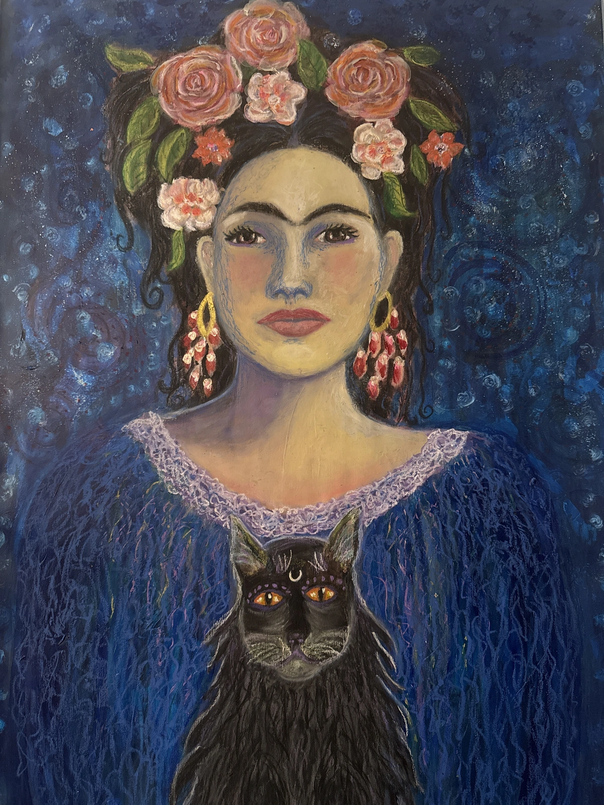 Akrylmålning Blå Frida med katt av Astrid Möller
