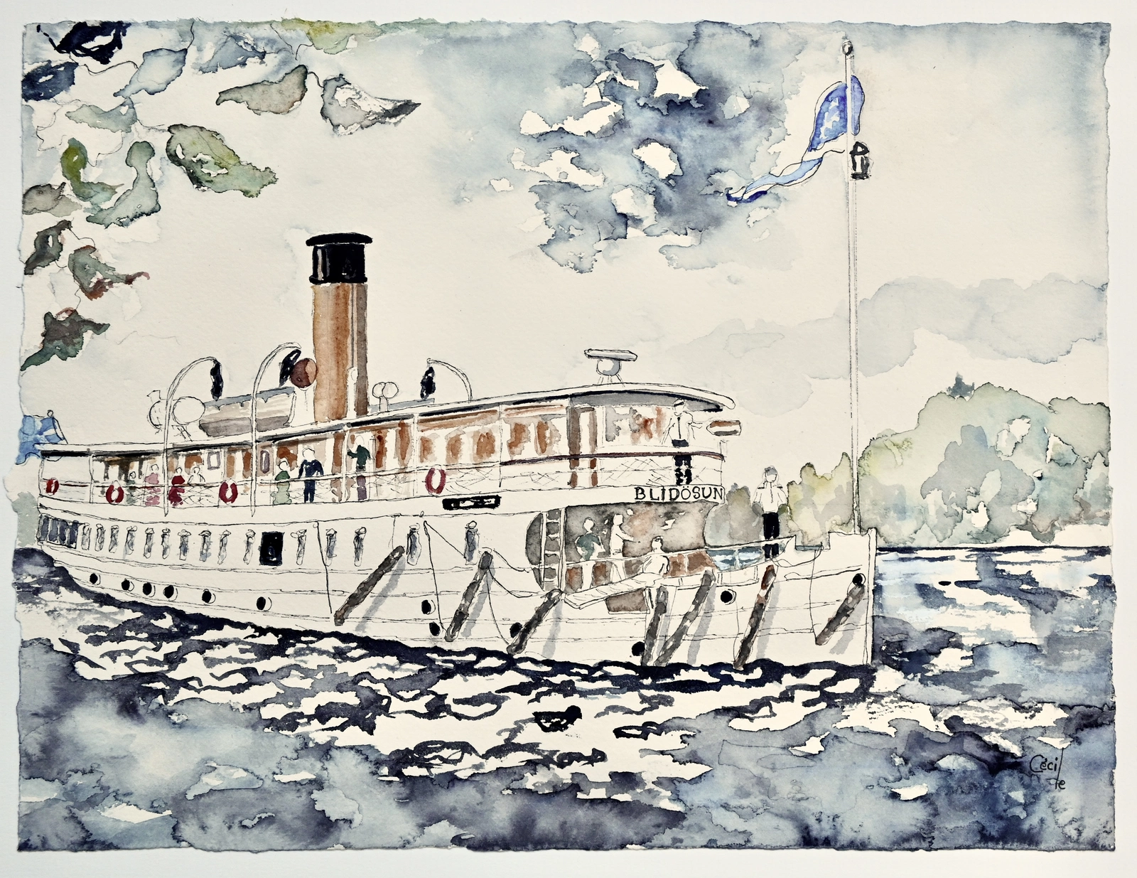 Akvarell Blidösund, med Nöje! av Cécile Hansson