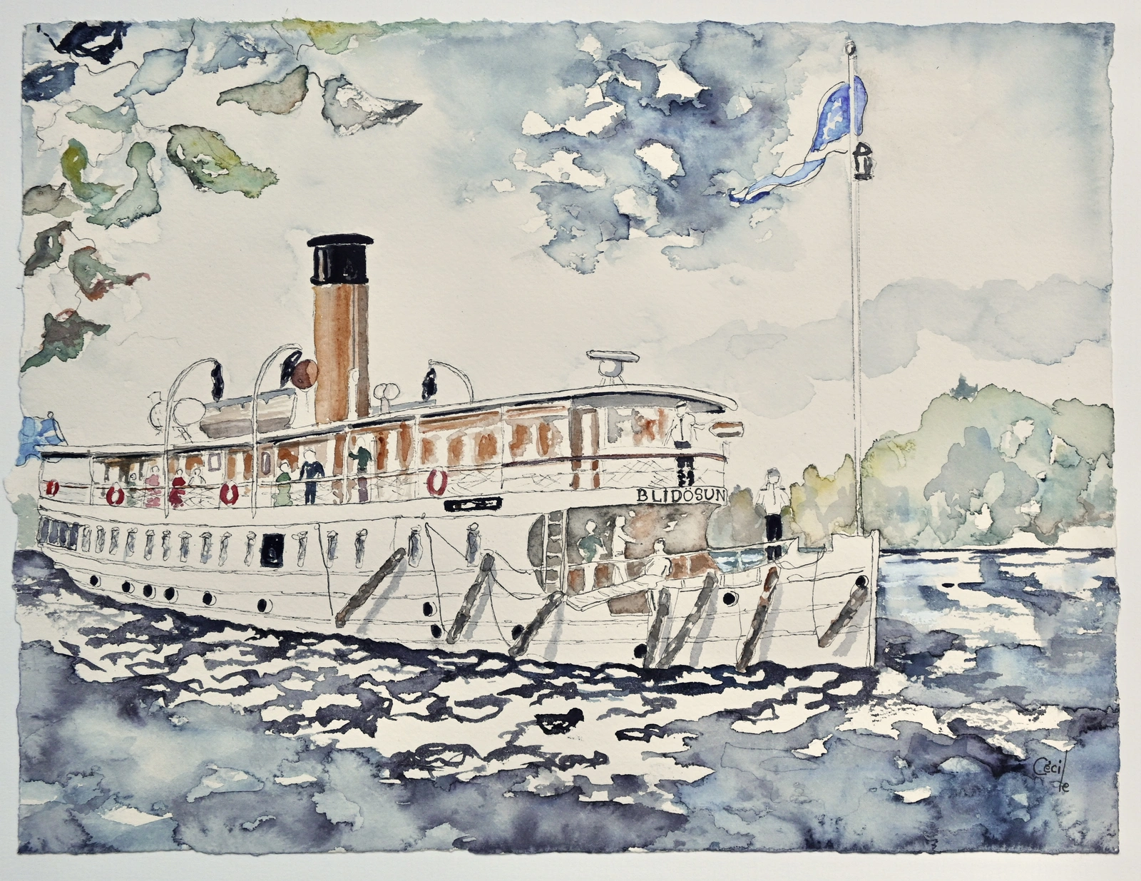 Akvarell Blidösund, med Nöje! av Cécile Hansson