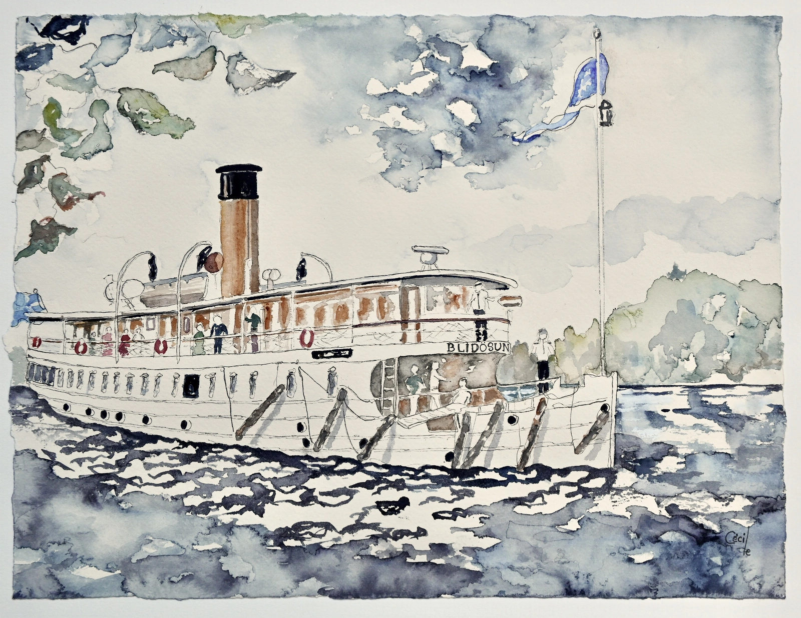 Akvarell Blidösund, med Nöje! av Cécile Hansson
