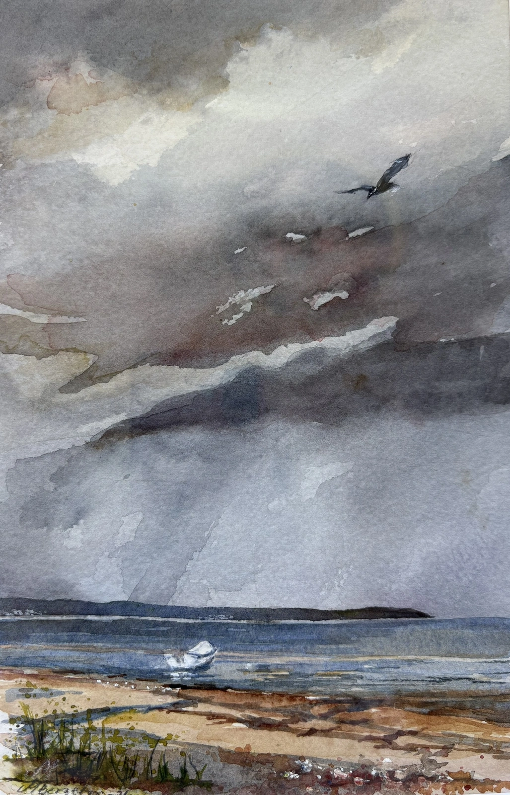 Akvarell Himmel över Laholmsbukten 2 av Margareta Bergetun