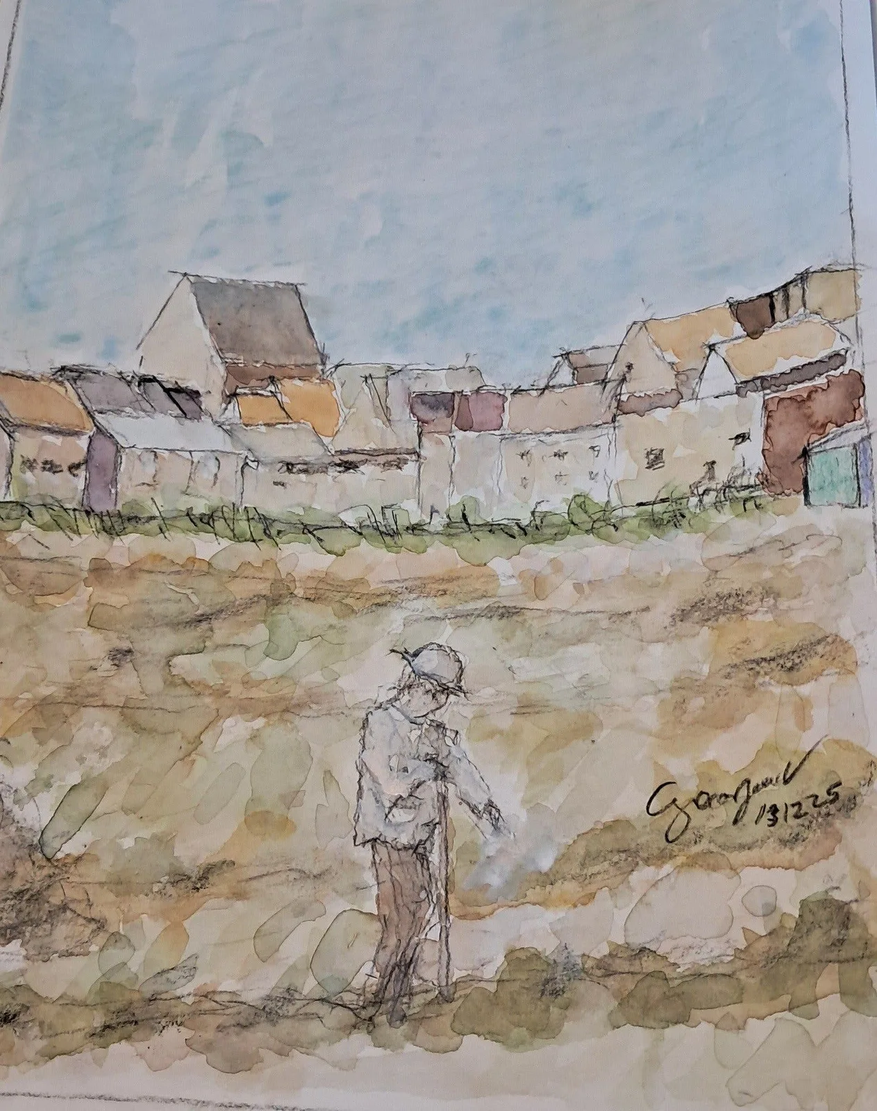 Akvarell Akvarell , figur på fält , o hus,, av Georgios Voutsas