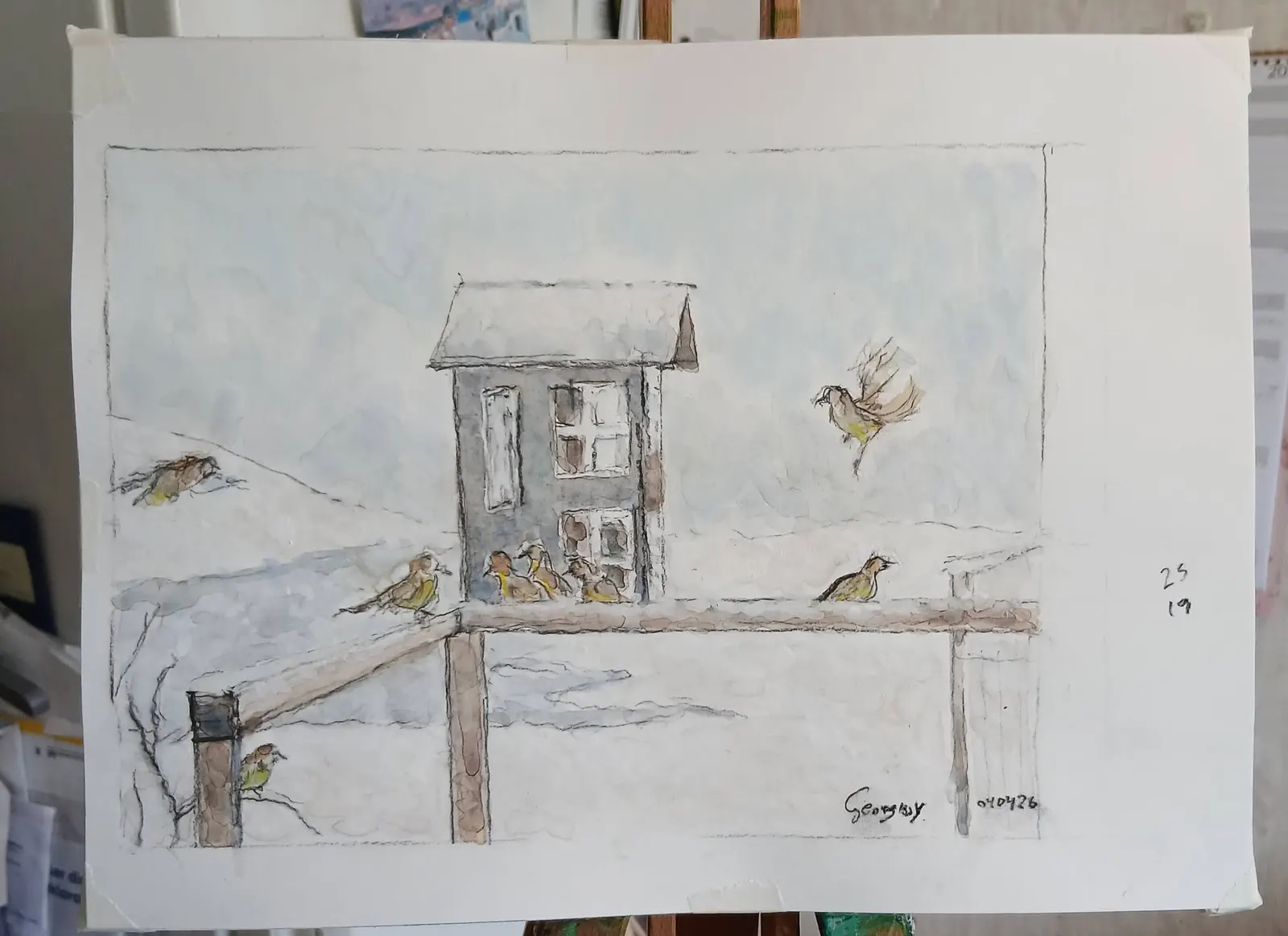 Akvarell Akvarell , vinter motiv med fågelhålk av Georgios Voutsas