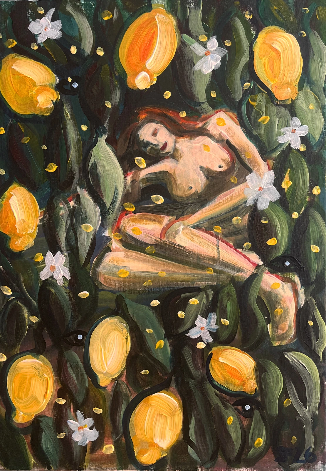 Akrylmålning Nude under lemons av Elisa Pålsson