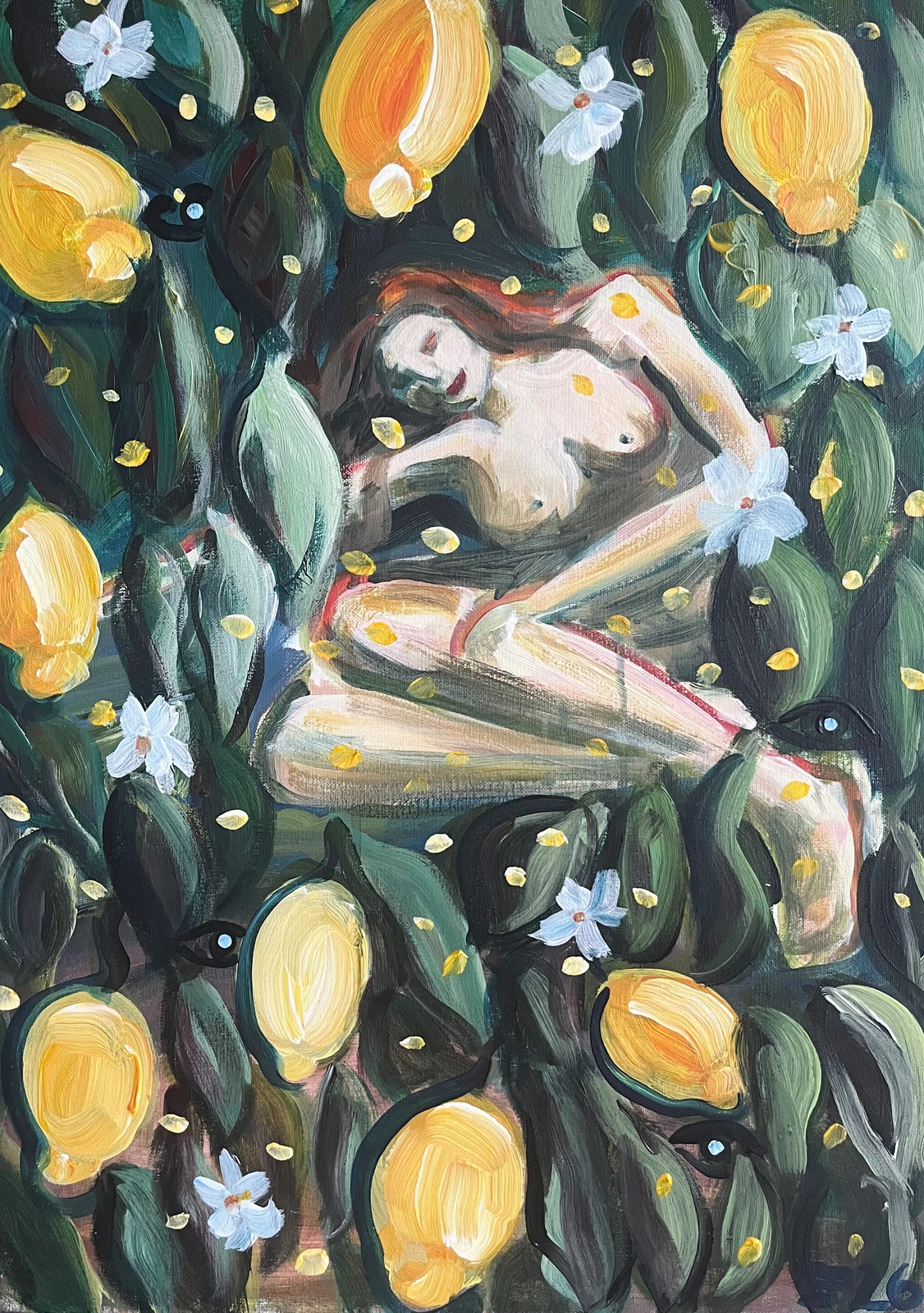 Akrylmålning Nude under lemons av Elisa Pålsson