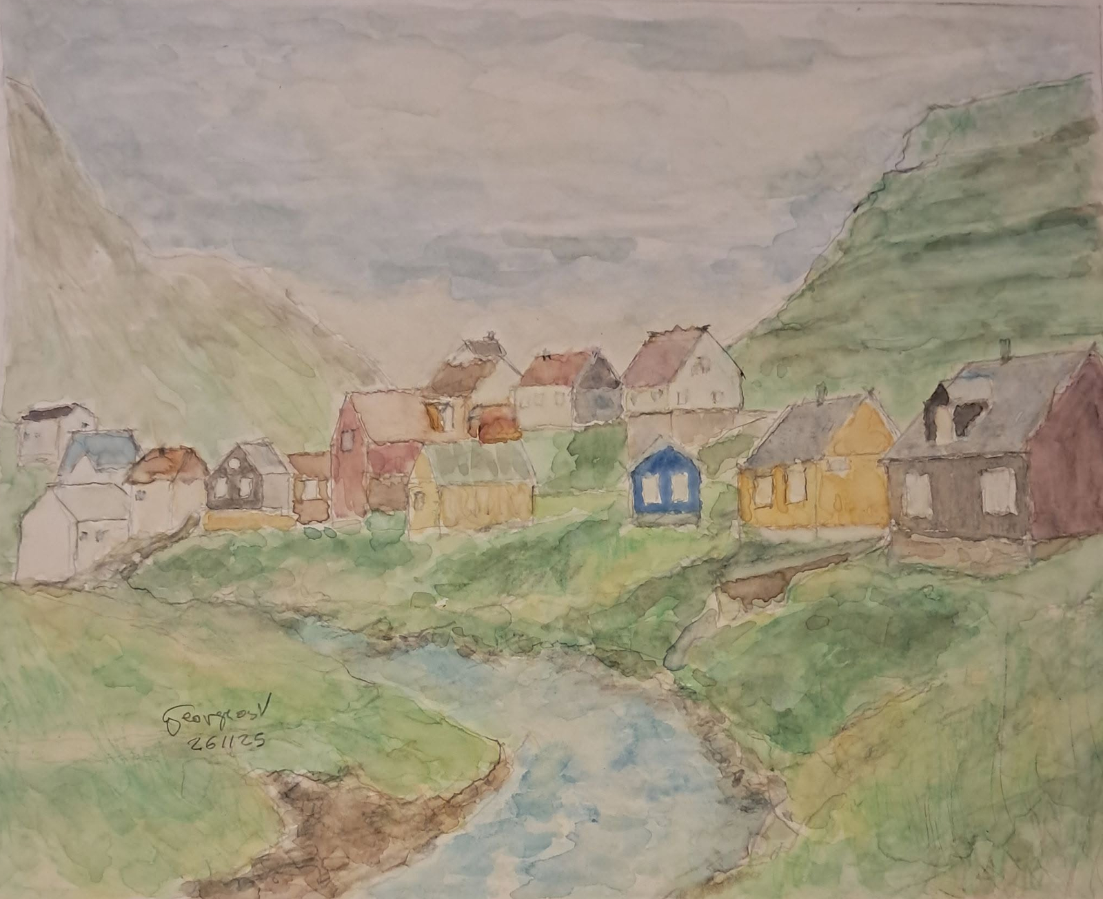 Akvarell Akvarell ,  Norsk vy,, av Georgios Voutsas