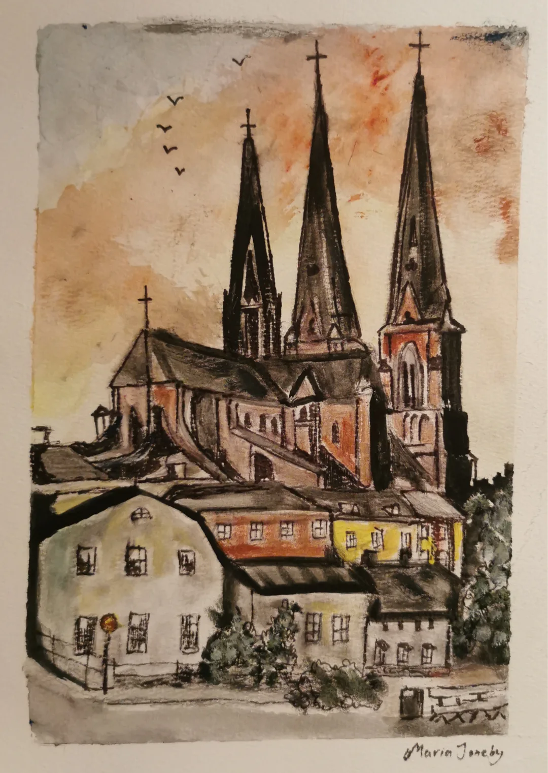 Akvarell Uppsala domkyrka. av Maria Joneby