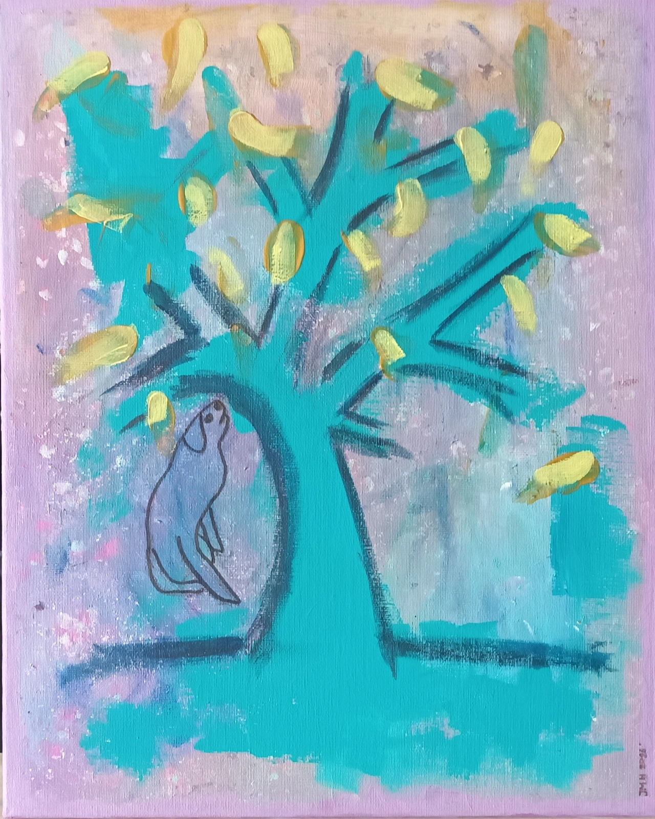 Akrylmålning Blue Dog Under Tree with Yellow Birds av Jenny Hedlund