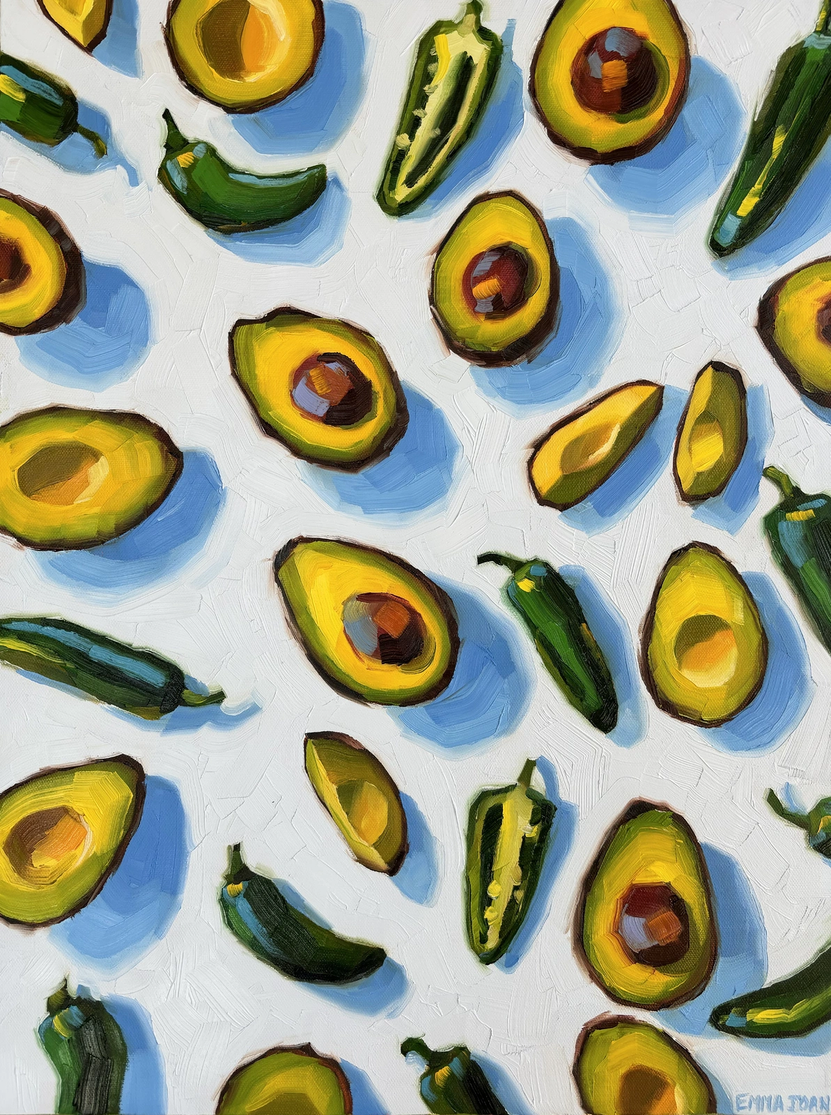 Oljemålning Avocados & Jalapenos av Emma Joan
