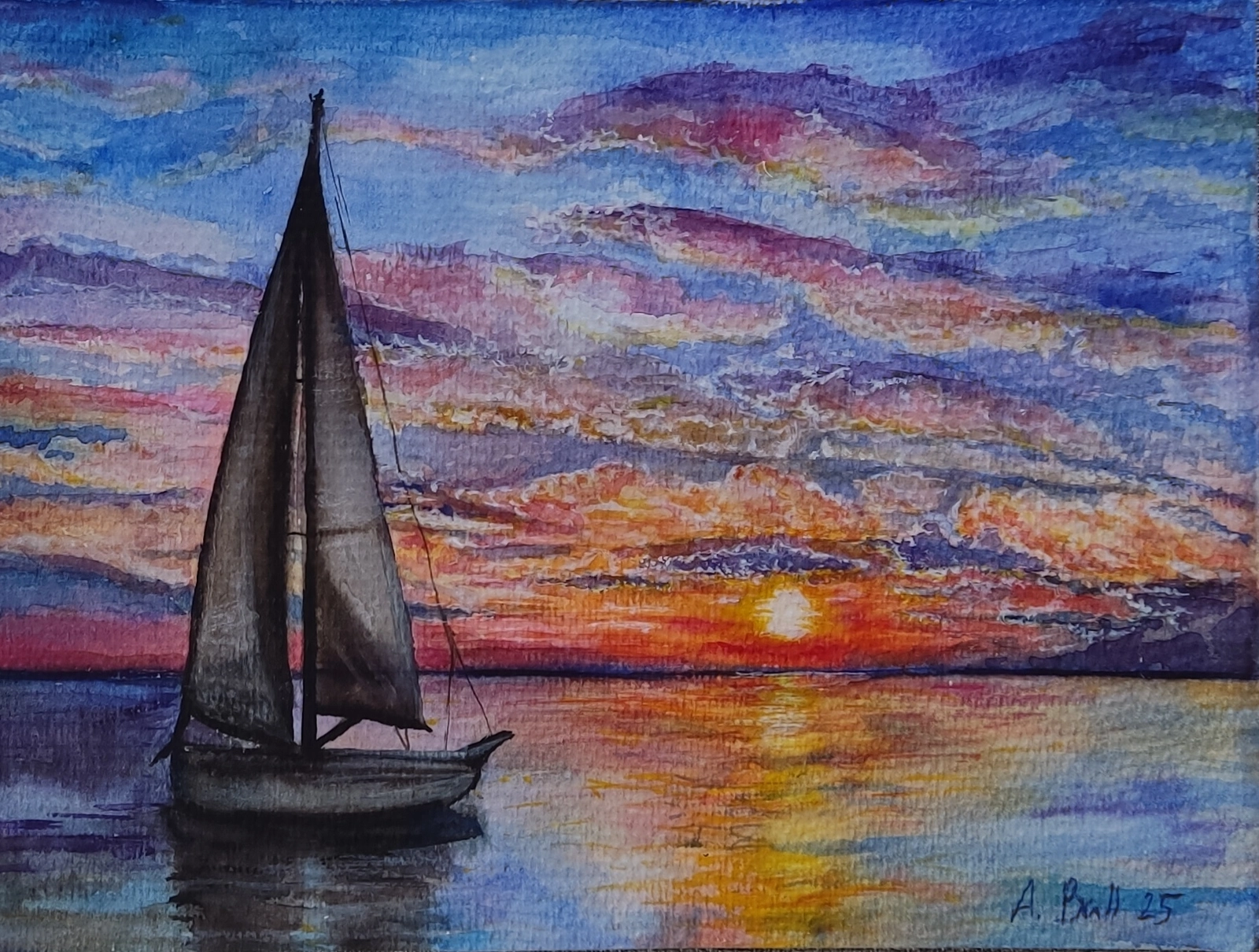 Akvarell Sunset at sea av Anastasia Ball
