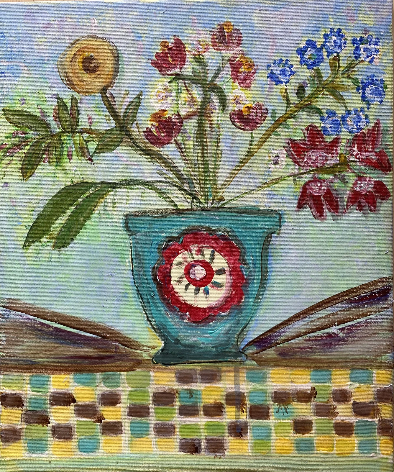 Akrylmålning Blommor i turkos kruka av Karina Sommarström