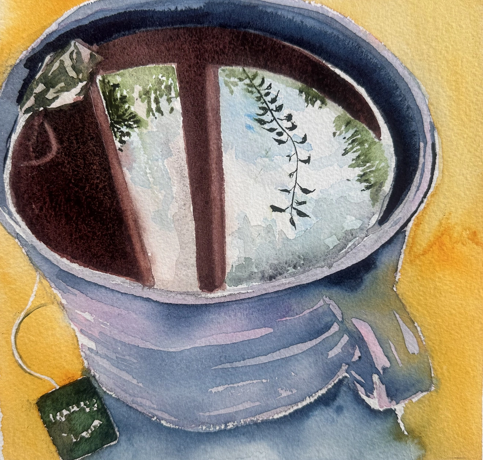 Akvarell Spegling i té av Caroline Lundholm