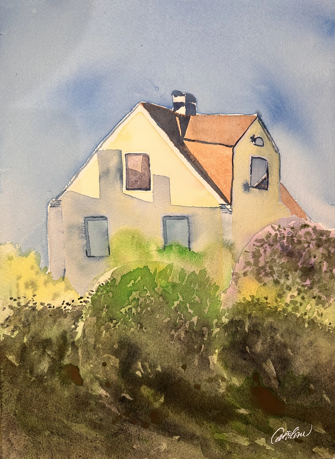 Akvarell Hus i ljus av Caroline Lundholm