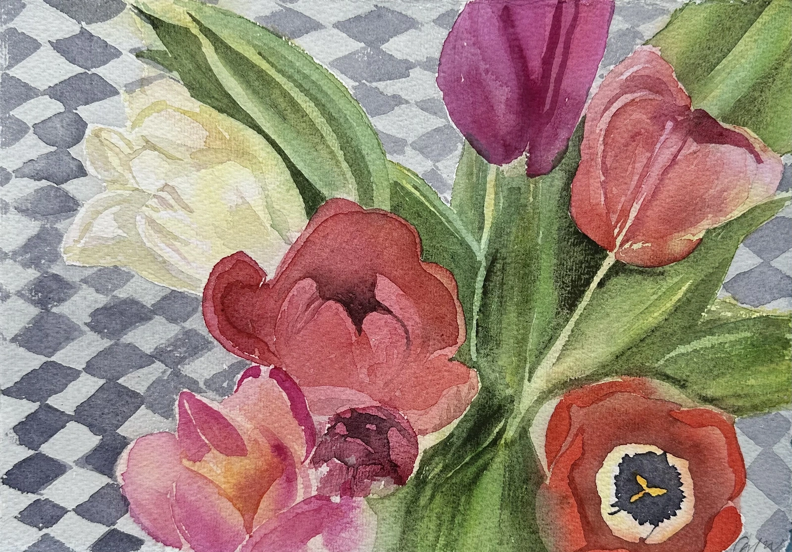 Akvarell Tulpaner på rutig duk av Caroline Lundholm