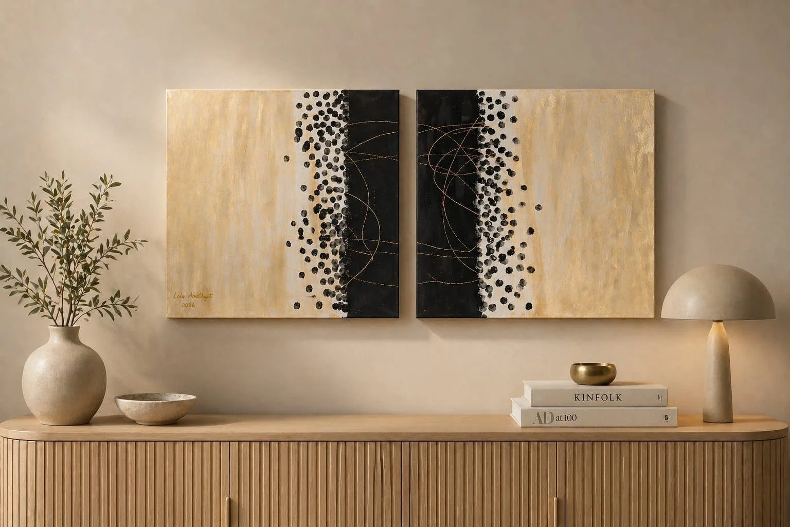 Akrylmålning Original Abstrakt Diptyk - Modern Minimalistisk Konst  Beige Svart Guld av Lola Amethyst
