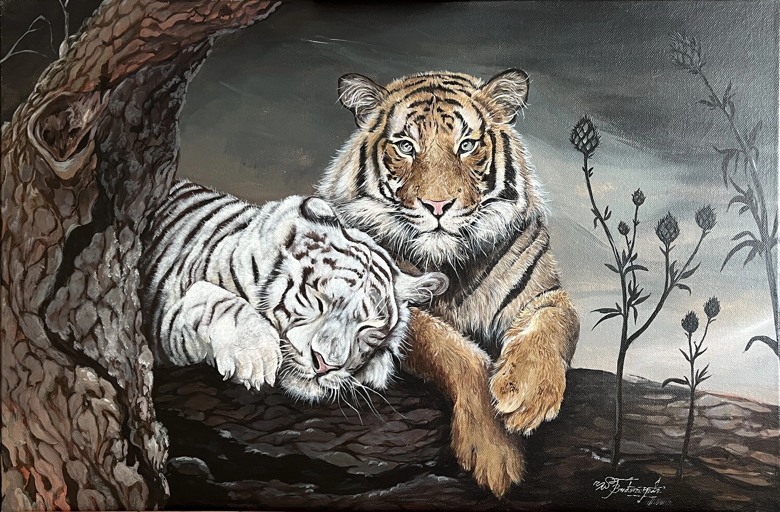 Akrylmålning Tiger couple av Hasini Bandaranayake