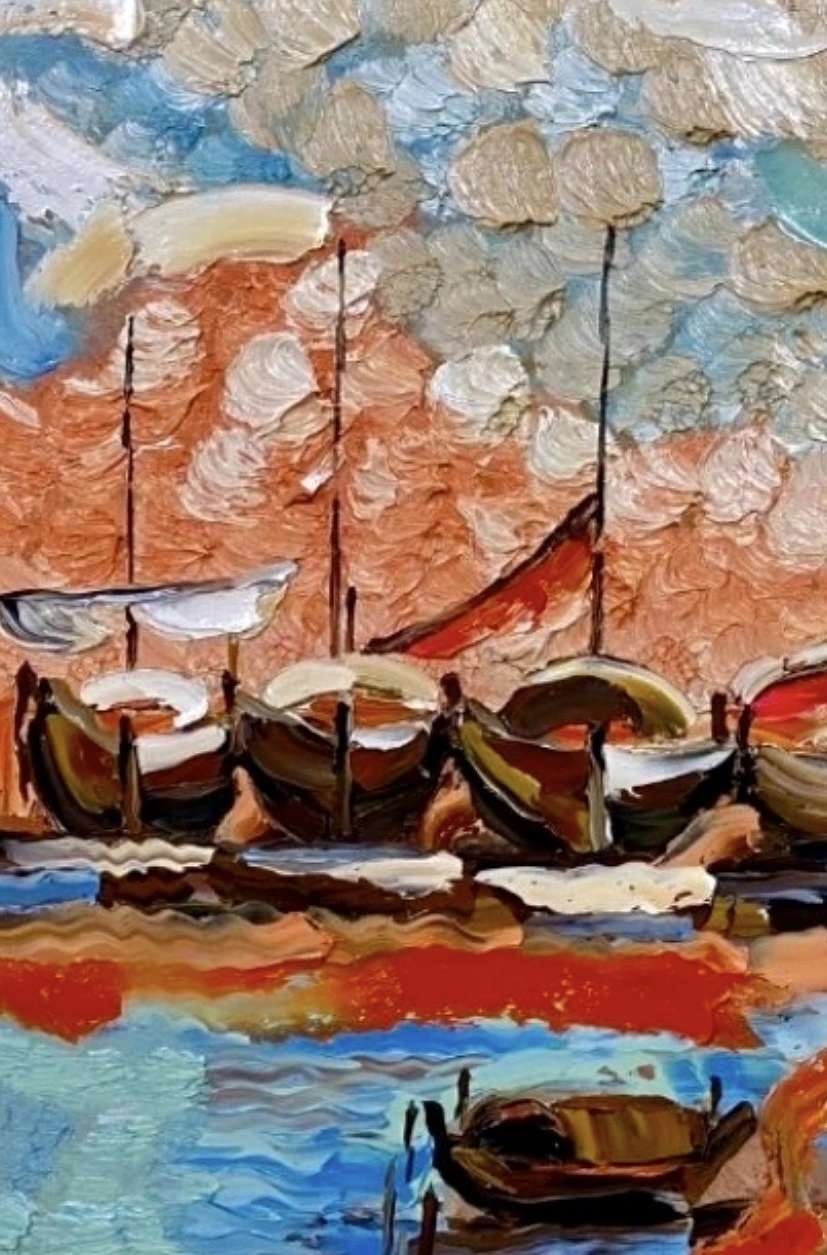 Oljemålning BN CHIU . (Evening Wharf) av Maj Trang Olson Olson