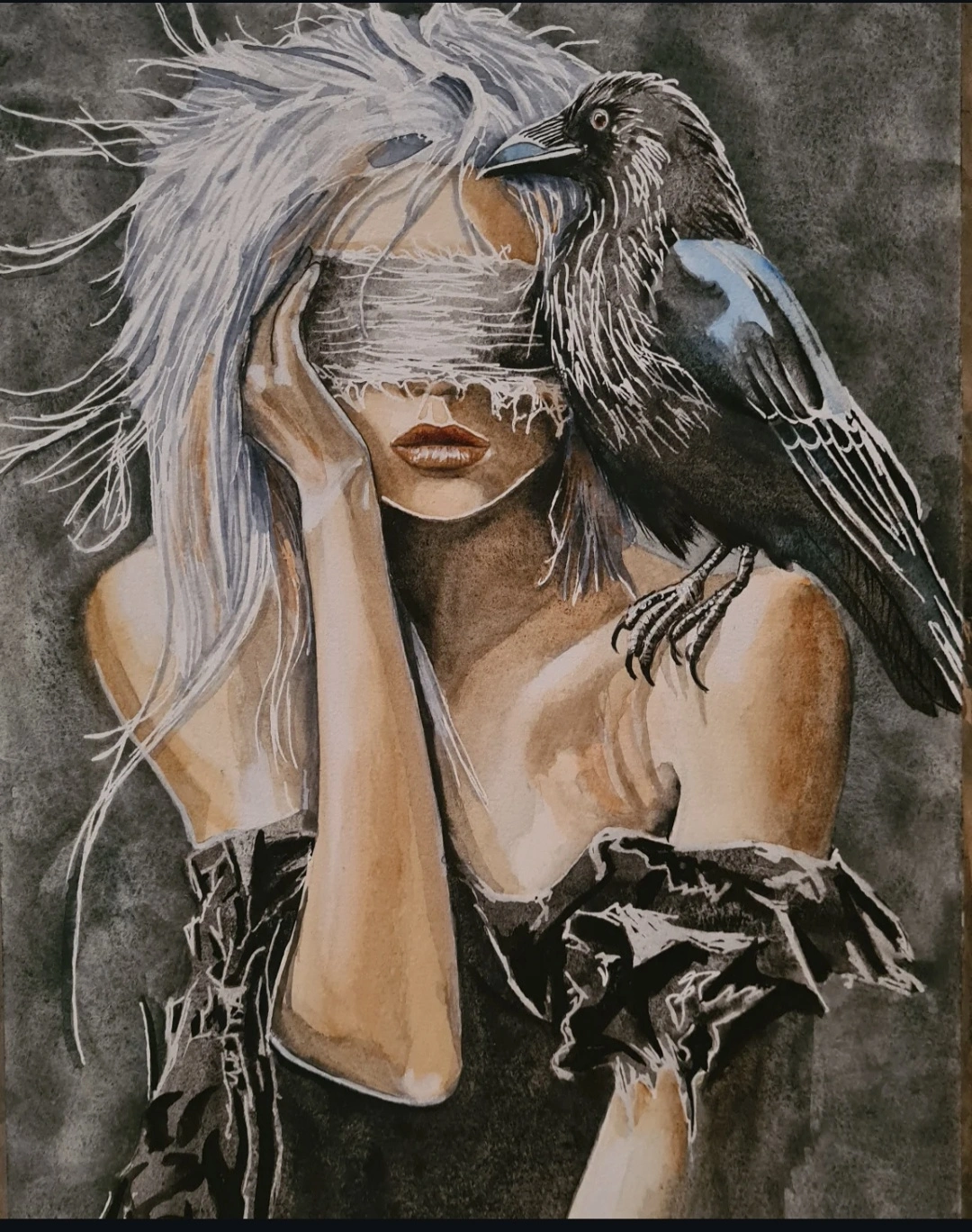 Akvarell The raven av Maria Blom