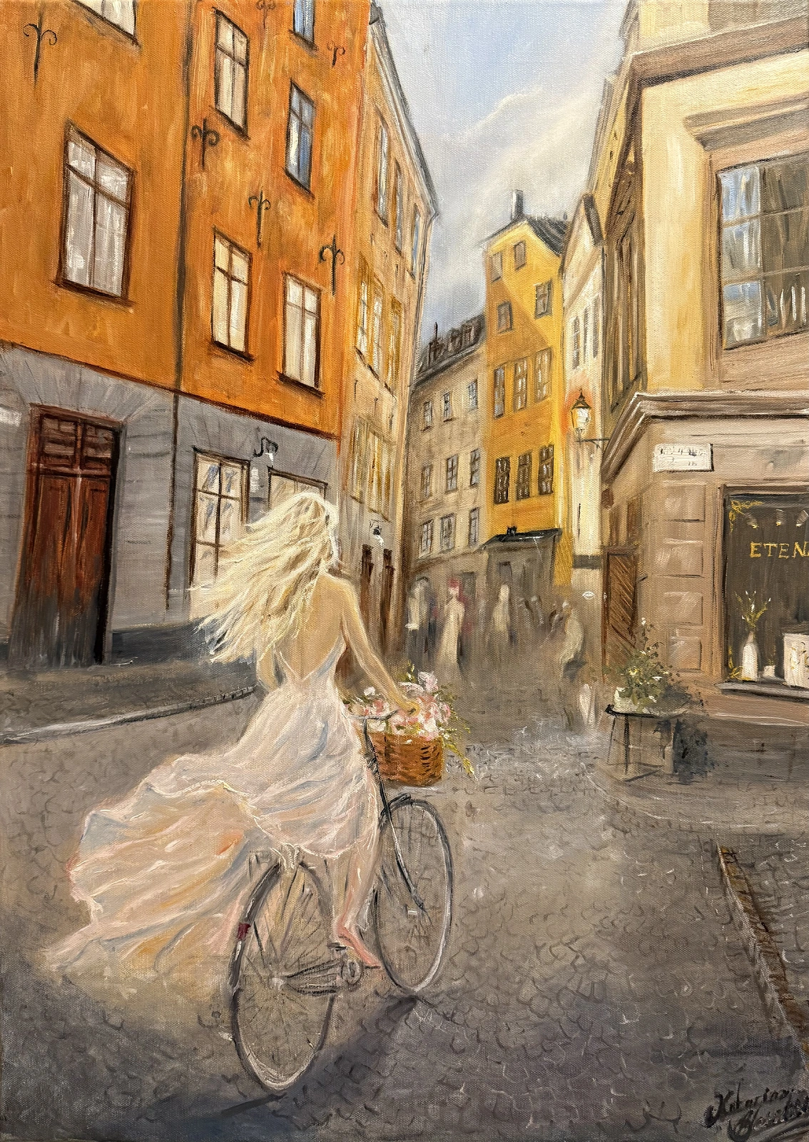 Oljemålning Sommarflicka i Gamla stan av Katarina Blomberg