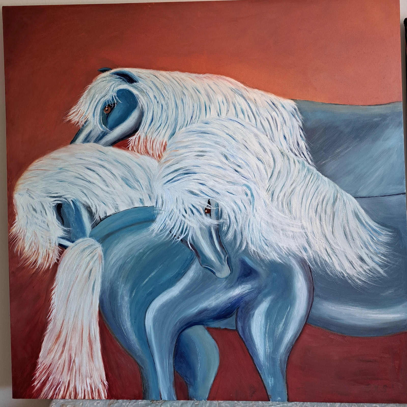 Oljemålning Blue horses. av Britt-Marie Schönbeck