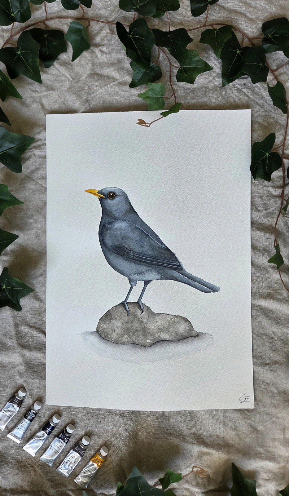 Akvarell Fågeln på stenen av Kajsa Olson - Art By Kajjan