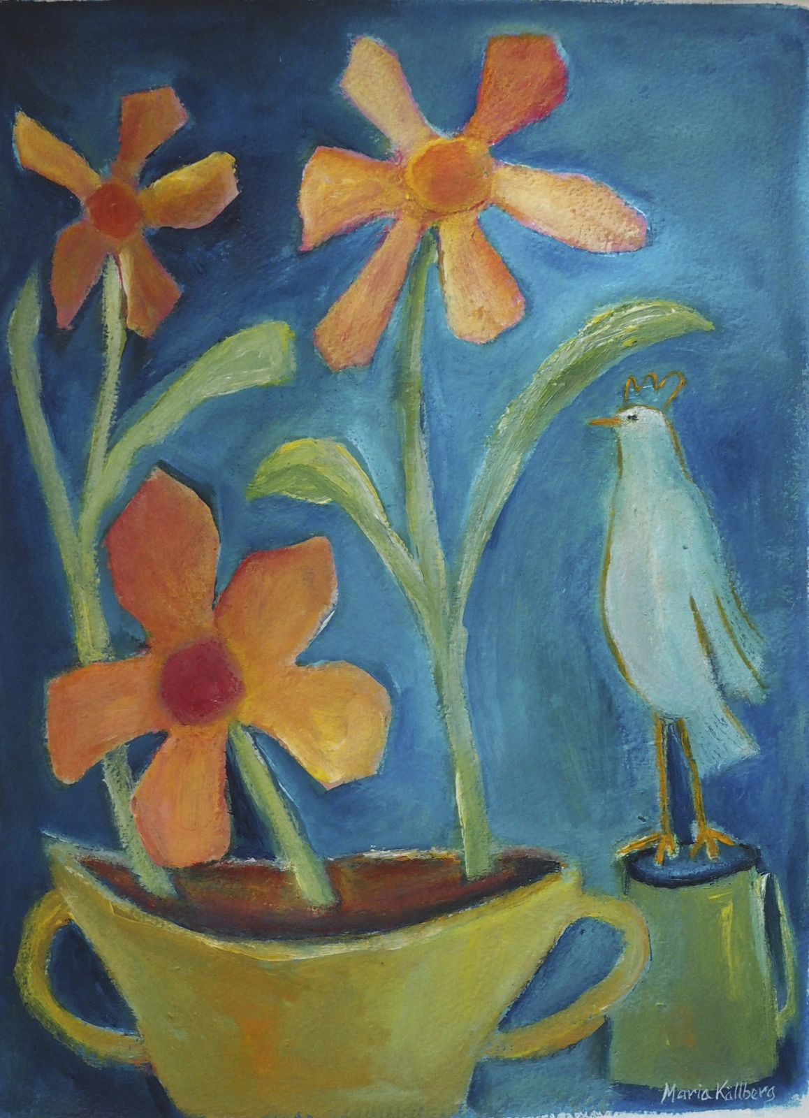Akrylmålning Tre blommor och en fågel av Maria Källberg