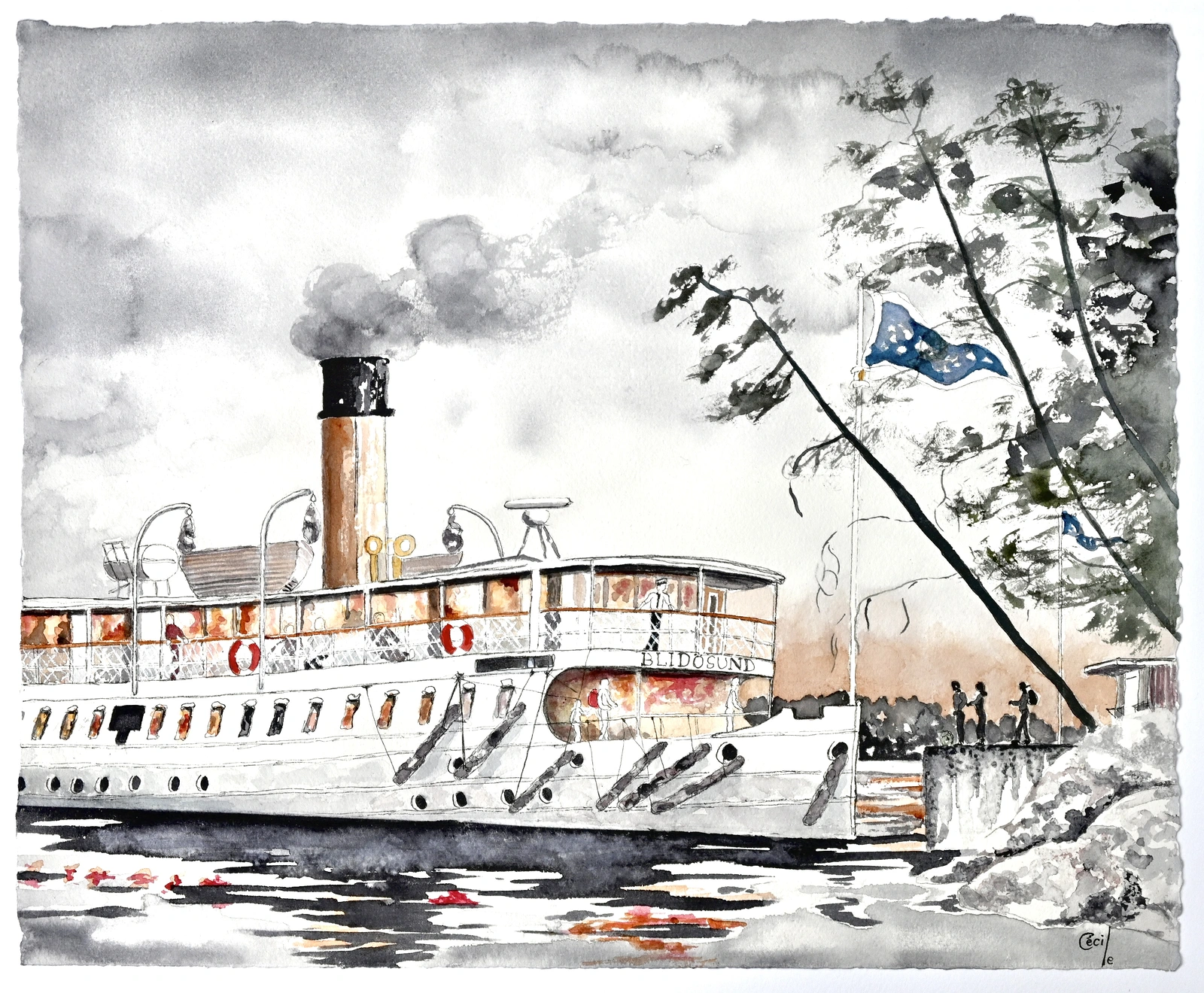 Akvarell Brokholmen nästa, Blidösund, av Cécile Hansson